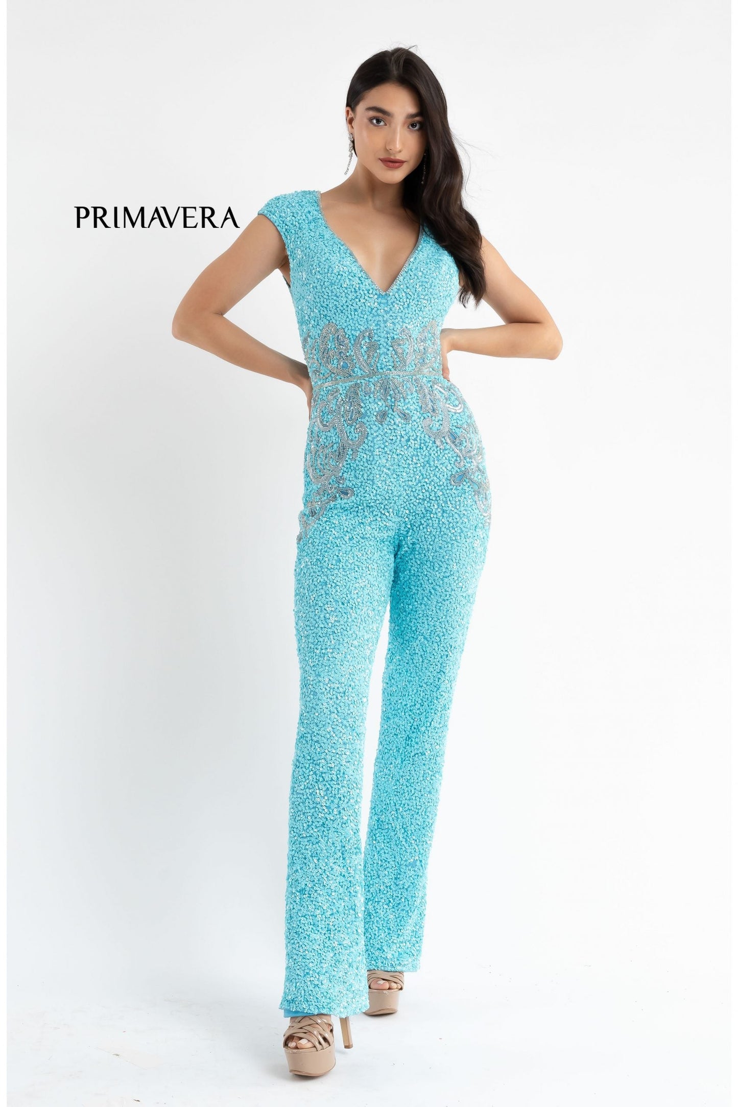 Primavera Couture 3775 Size 00 Royal Blue Sequined Jumpsuit Beaded Waist and Hips Cap Sleeves