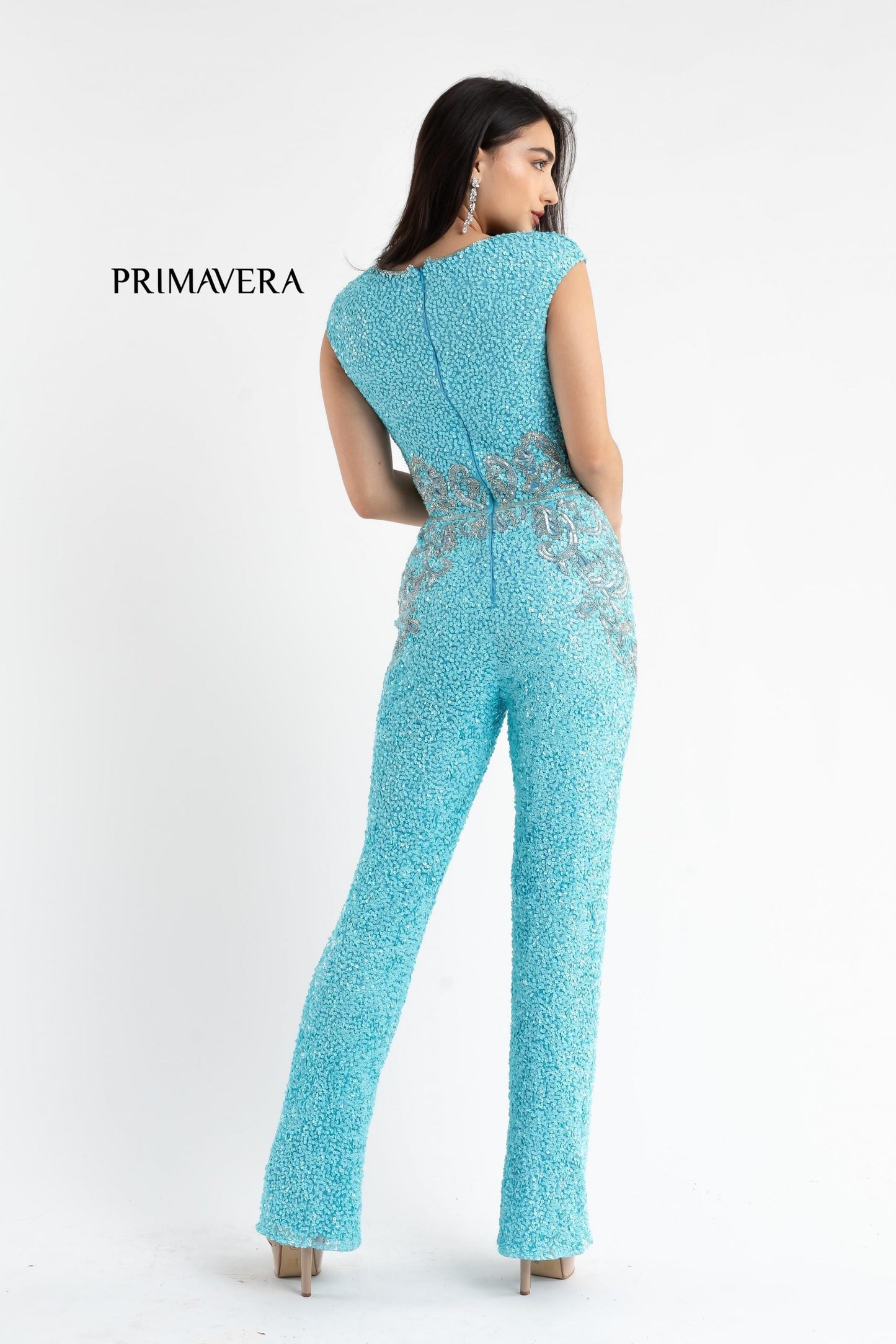 Primavera Couture 3775 Size 00 Royal Blue Sequined Jumpsuit Beaded Waist and Hips Cap Sleeves