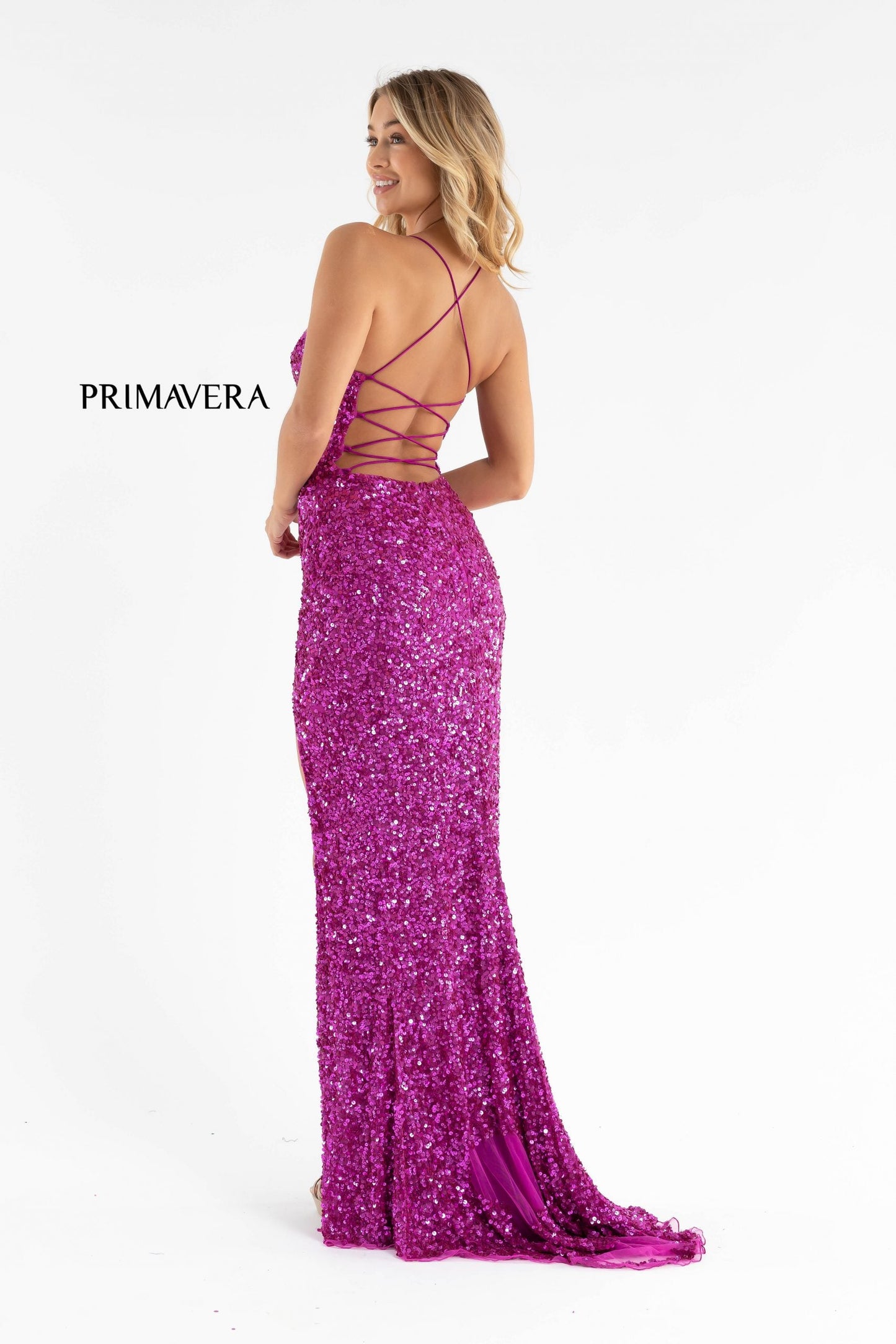 Primavera Couture 3791 Prom Dress size 10 Perriwinkle V Neckline Sequins Lace Up Tie Back Side Slit