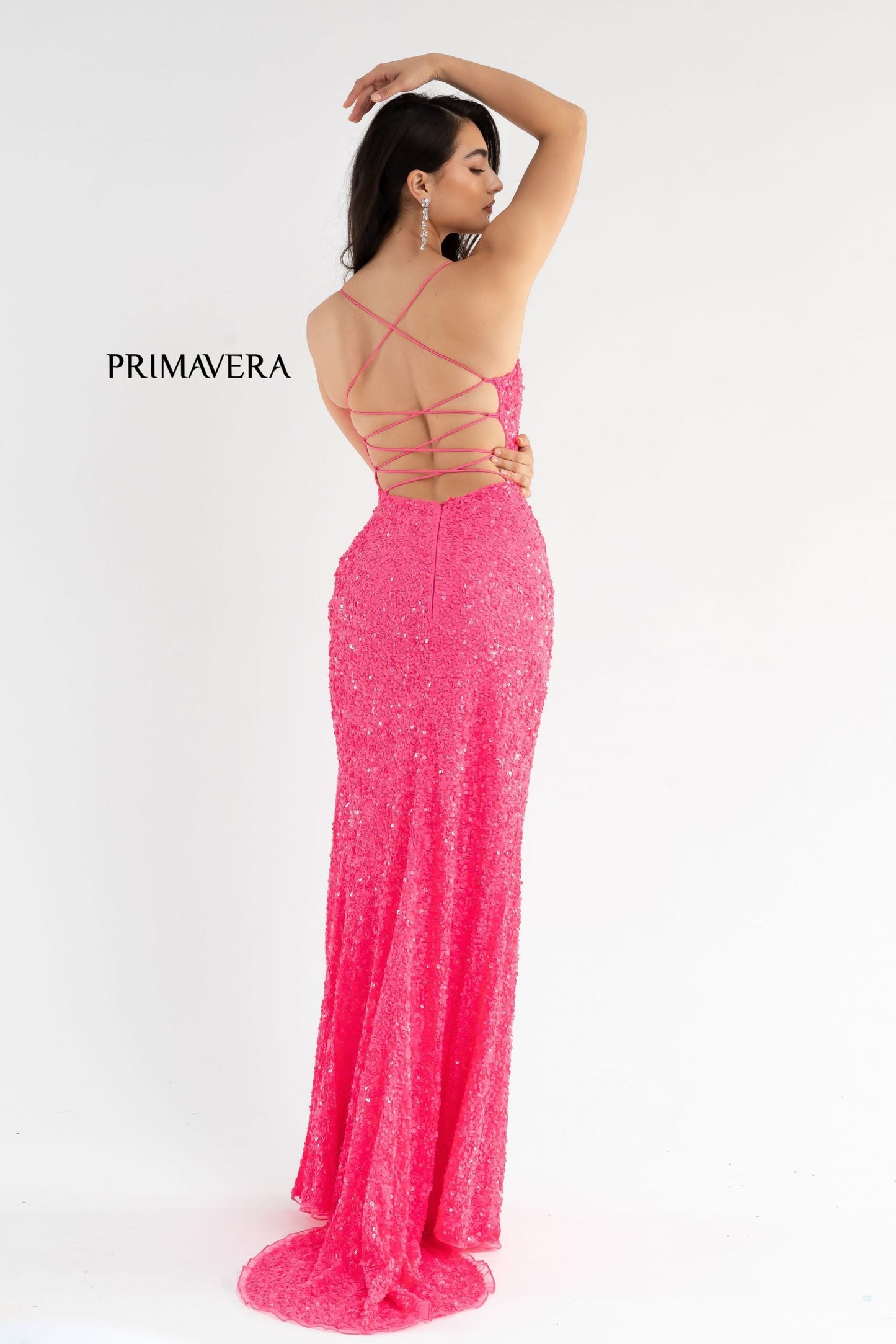 Primavera Couture 3791 Size 4 Fuchsia Prom Dress V Neckline Sequins Lace Up Tie Back Side Slit