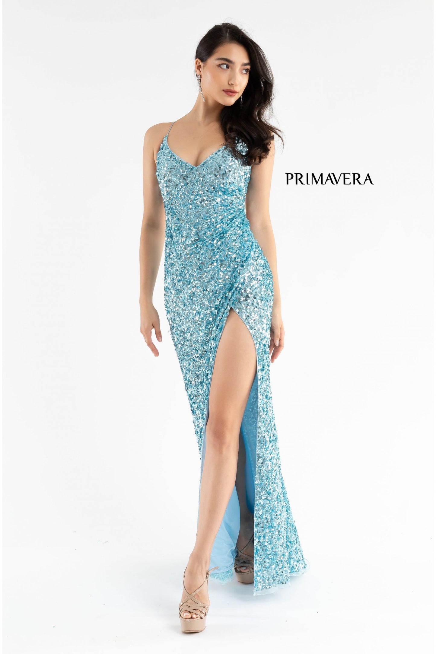 Primavera Couture 3791 Sizes 2, 8 Emerald Prom Dress V Neckline Sequins Lace Up Tie Back Side Slit