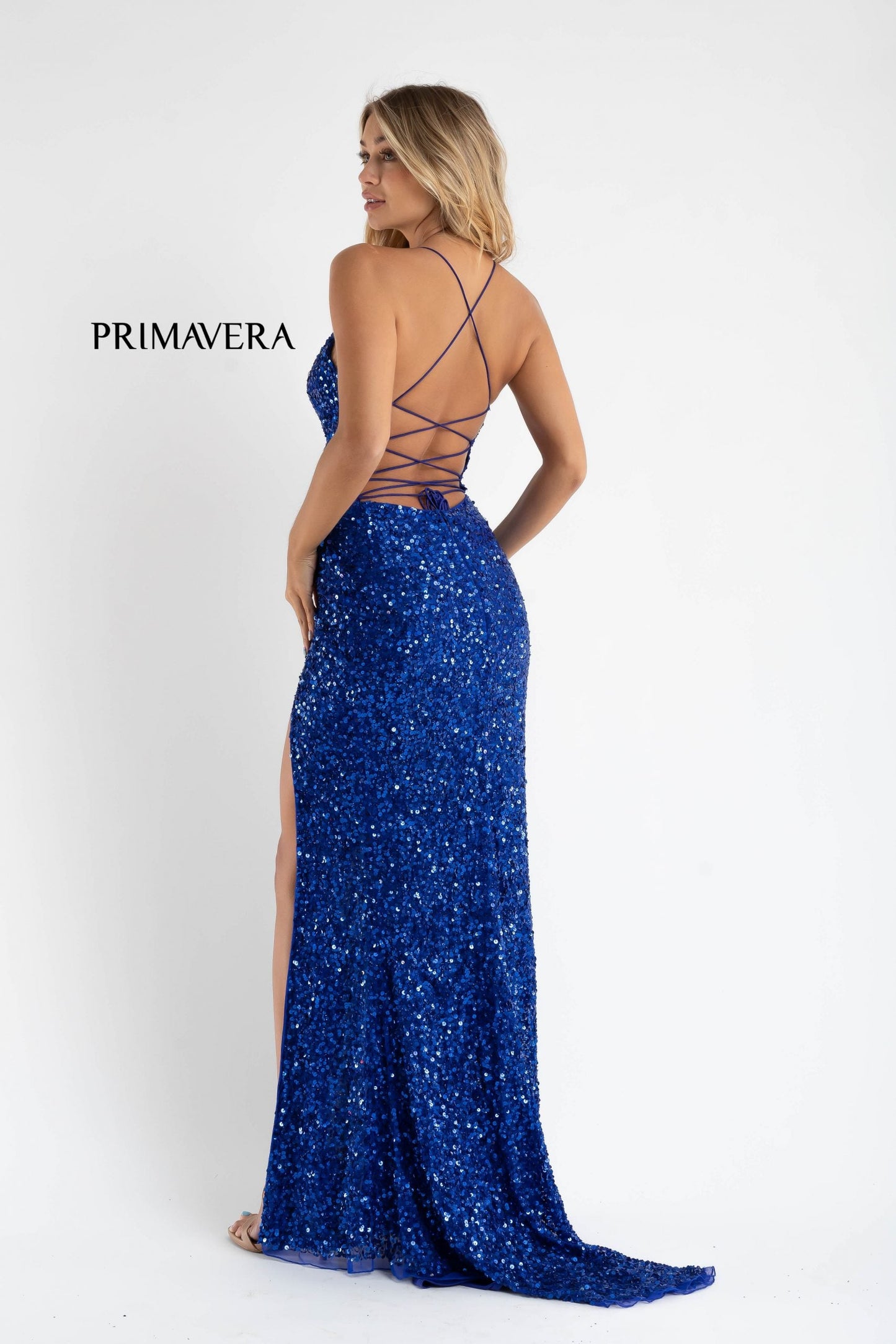 Primavera Couture 3791 Sizes 2, 8 Emerald Prom Dress V Neckline Sequins Lace Up Tie Back Side Slit