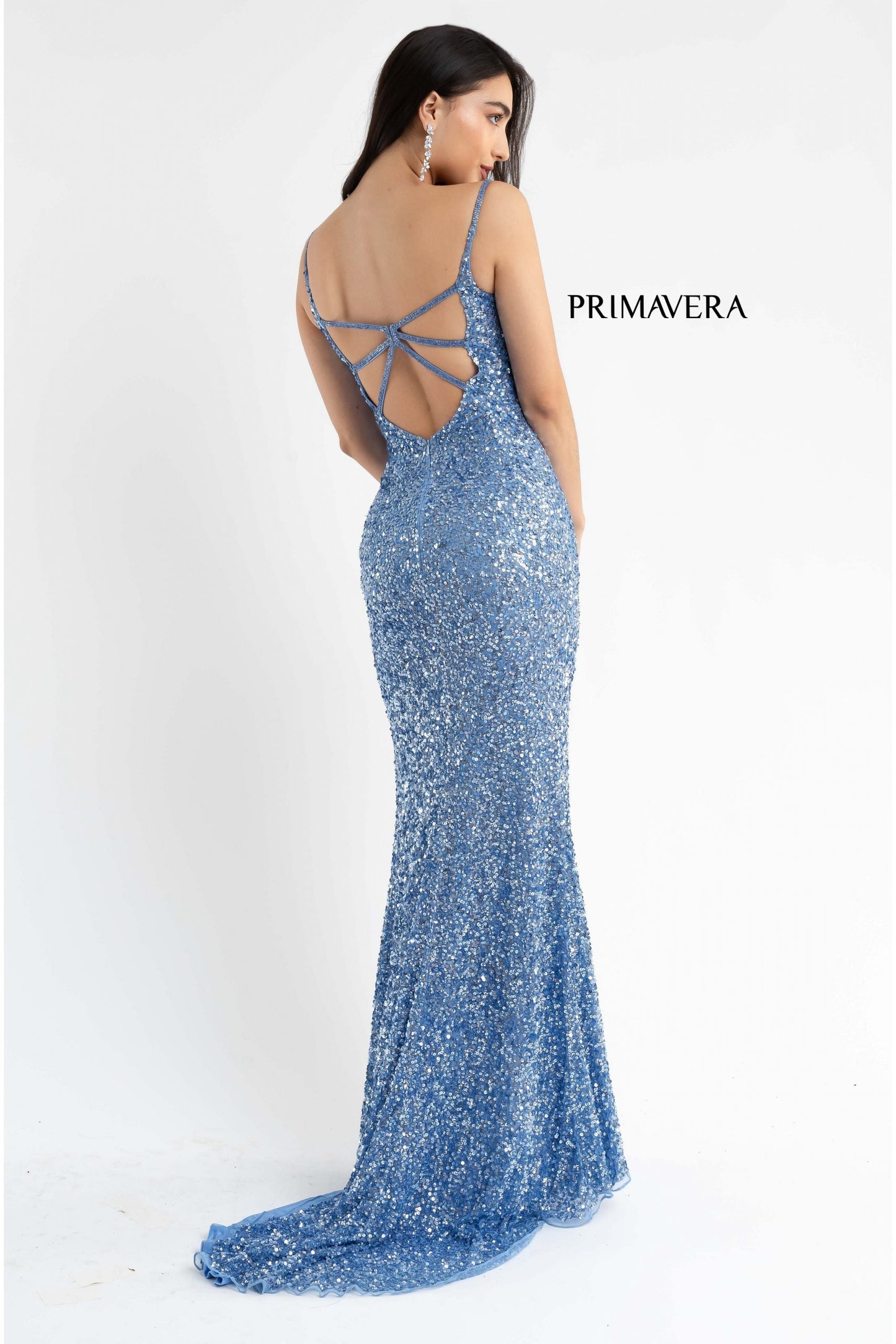 Primavera Couture 3792 Size Ivory Sequin Prom Dress V Neckline Strappy Open Back Side Slit Train