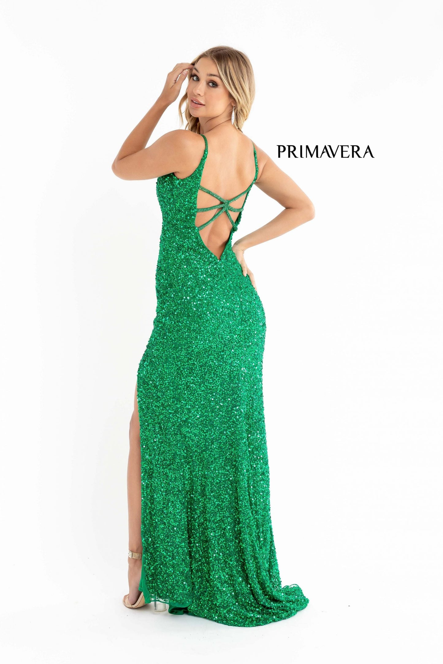 Primavera Couture 3792 Size 8 Bright Blue Sequin Prom Dress V Neckline Strappy Open Back Side Slit Train