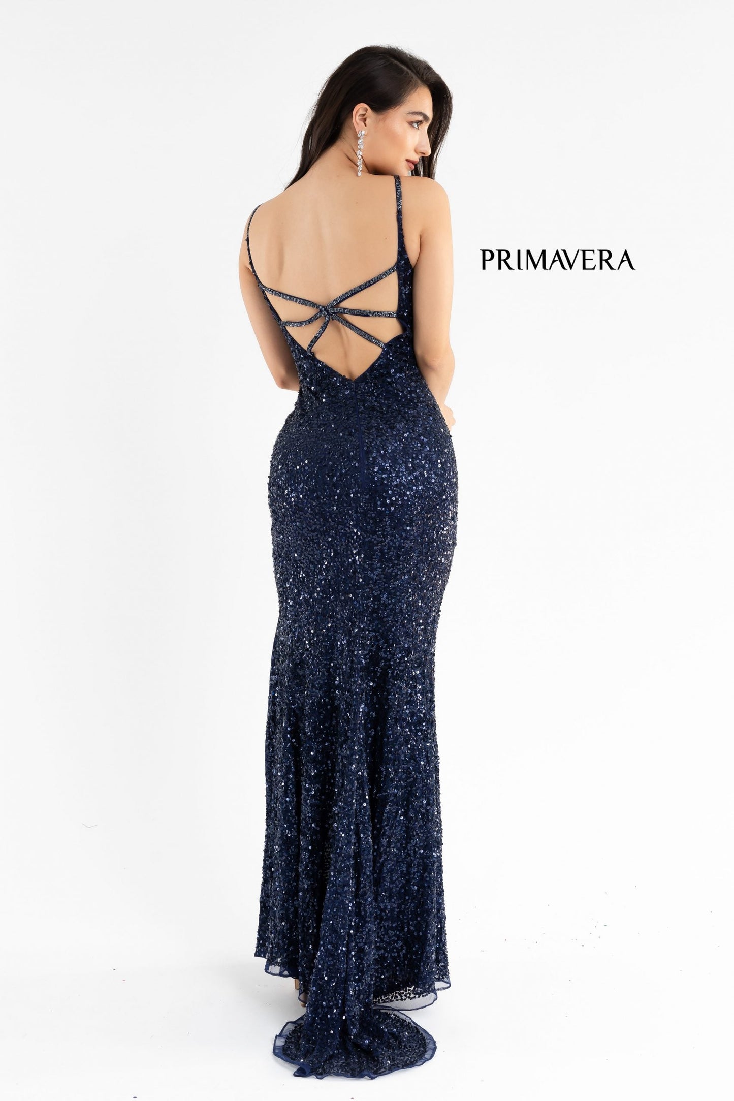 Primavera Couture 3792 Size 8 Bright Blue Sequin Prom Dress V Neckline Strappy Open Back Side Slit Train