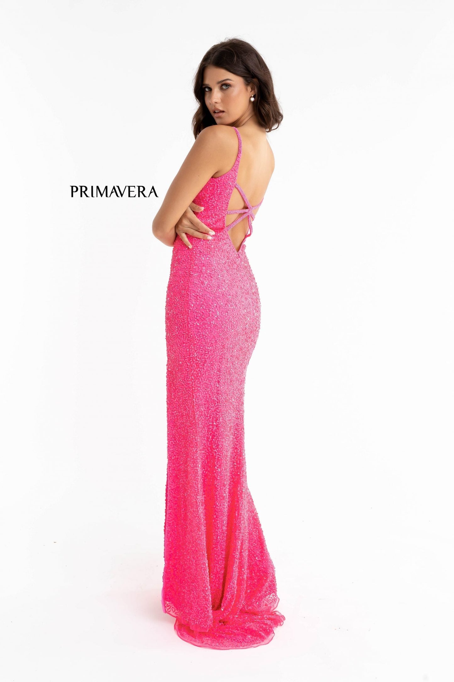 Primavera Couture 3792 Size 0, 12 Turquoise Sequin Prom Dress V Neckline Strappy Open Back Side Slit Train