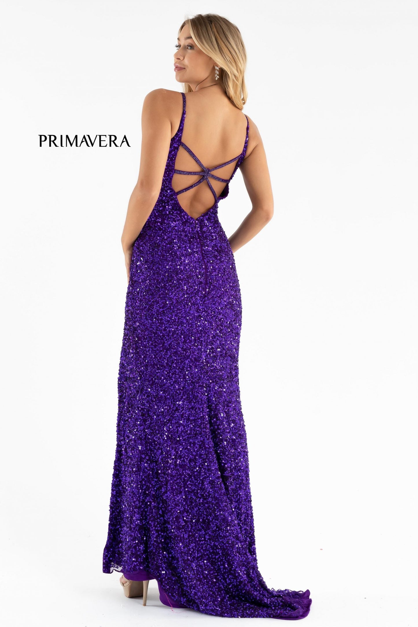 Primavera Couture 3792 Size 0, 12 Turquoise Sequin Prom Dress V Neckline Strappy Open Back Side Slit Train