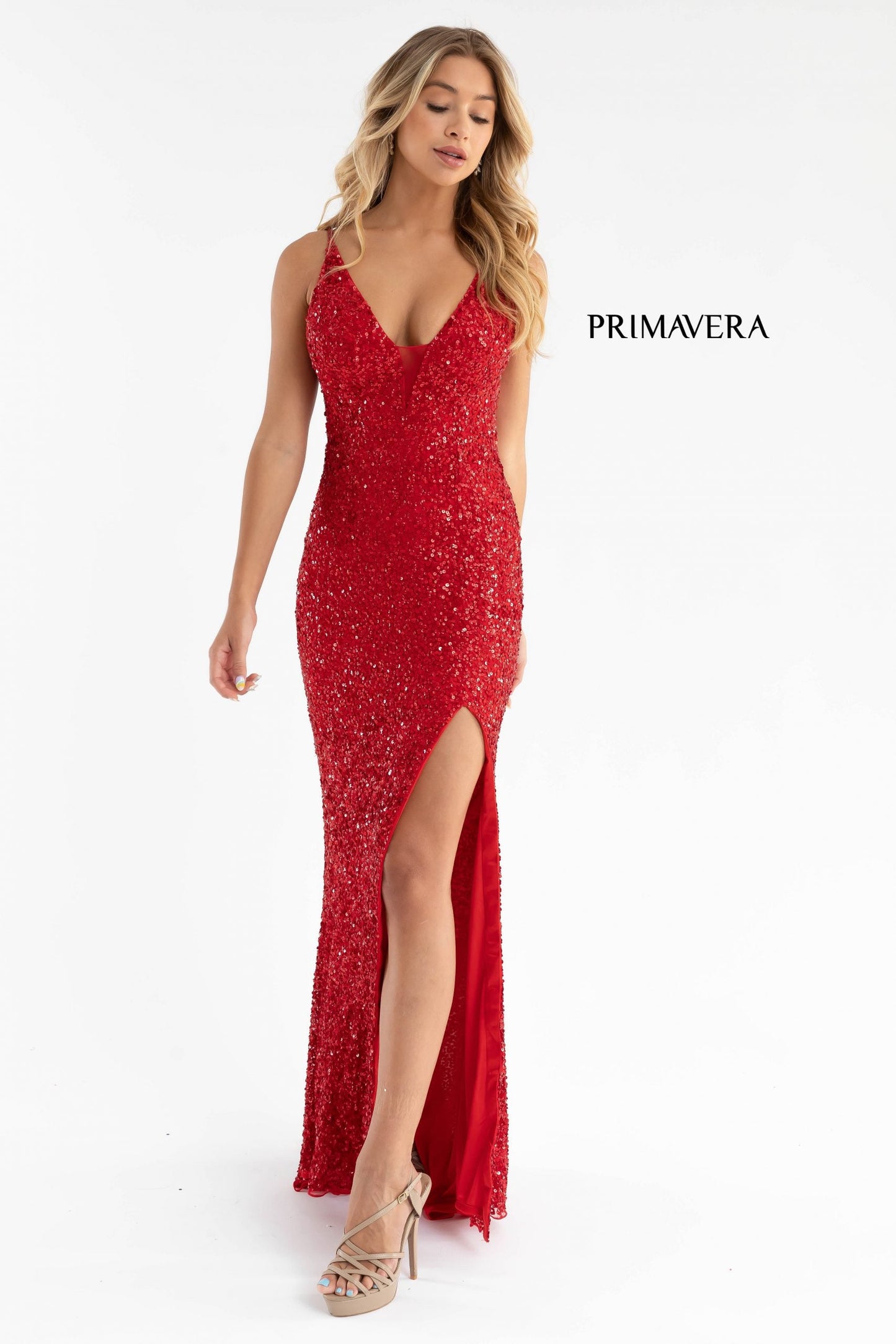 Primavera Couture 3792 Size 0, 12 Turquoise Sequin Prom Dress V Neckline Strappy Open Back Side Slit Train