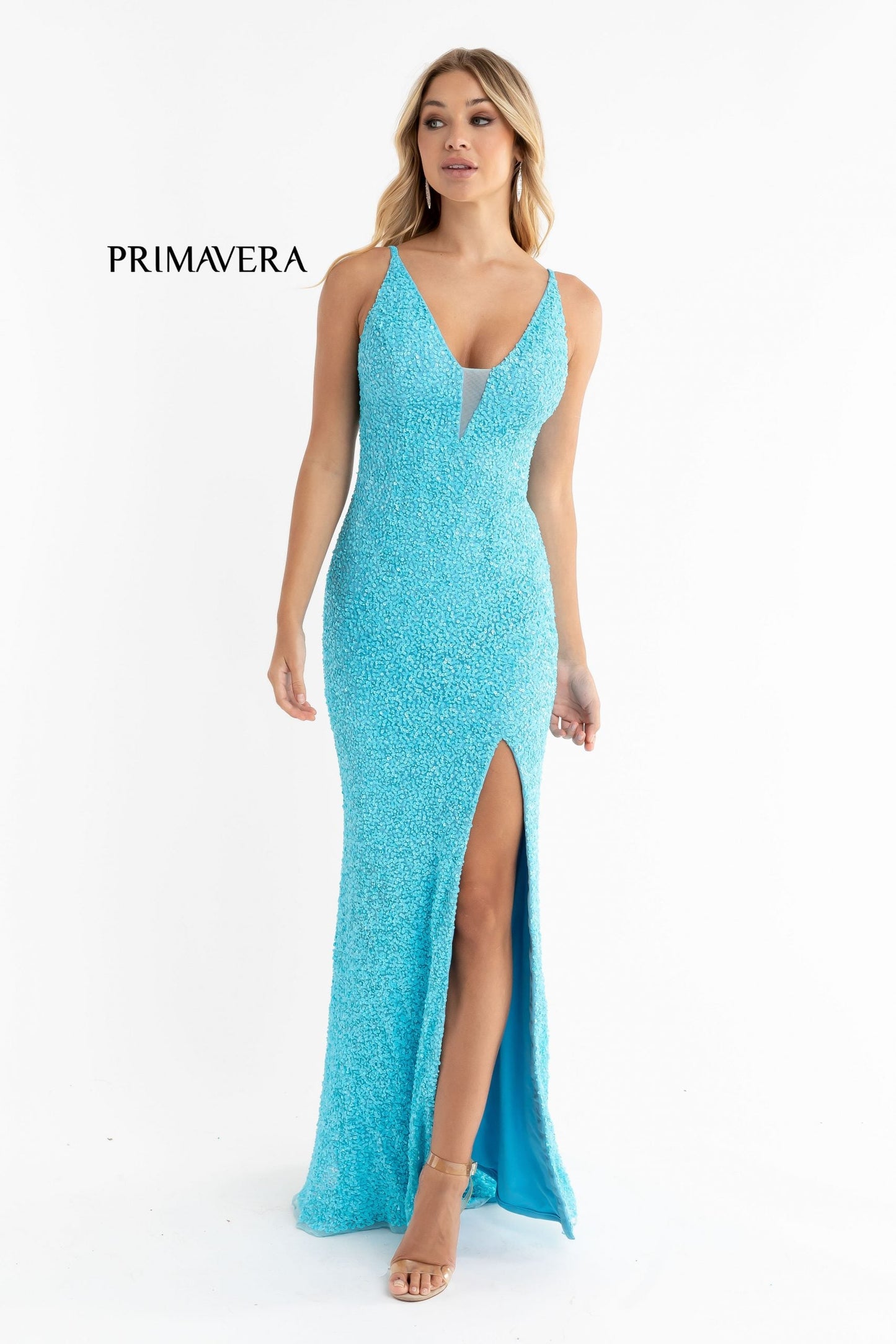 Primavera Couture 3792 Size 8 Bright Blue Sequin Prom Dress V Neckline Strappy Open Back Side Slit Train