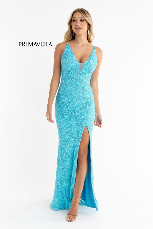 Primavera Couture 3792 Size 0, 12 Turquoise Sequin Prom Dress V Neckline Strappy Open Back Side Slit Train