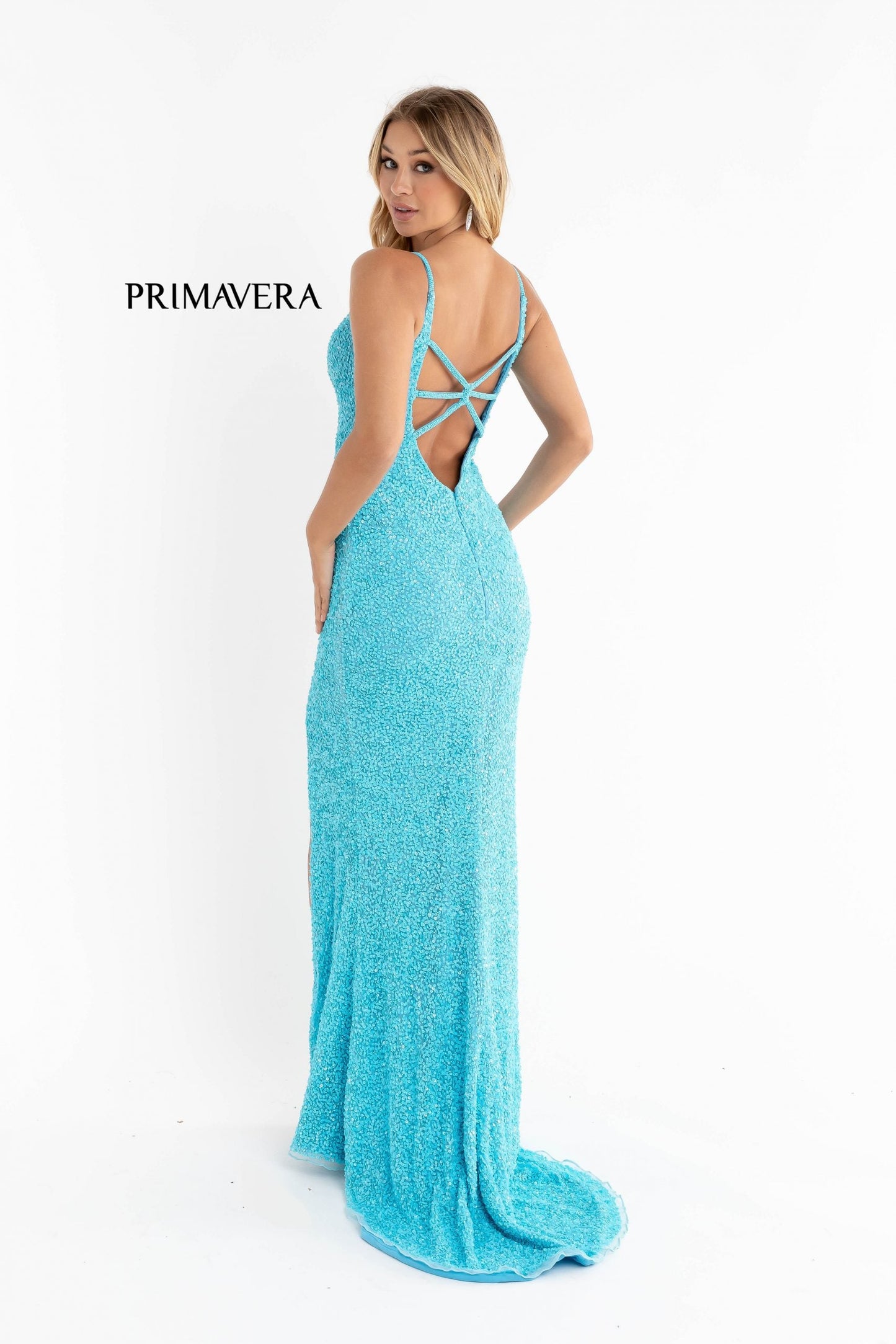 Primavera Couture 3792 Size 8 Bright Blue Sequin Prom Dress V Neckline Strappy Open Back Side Slit Train