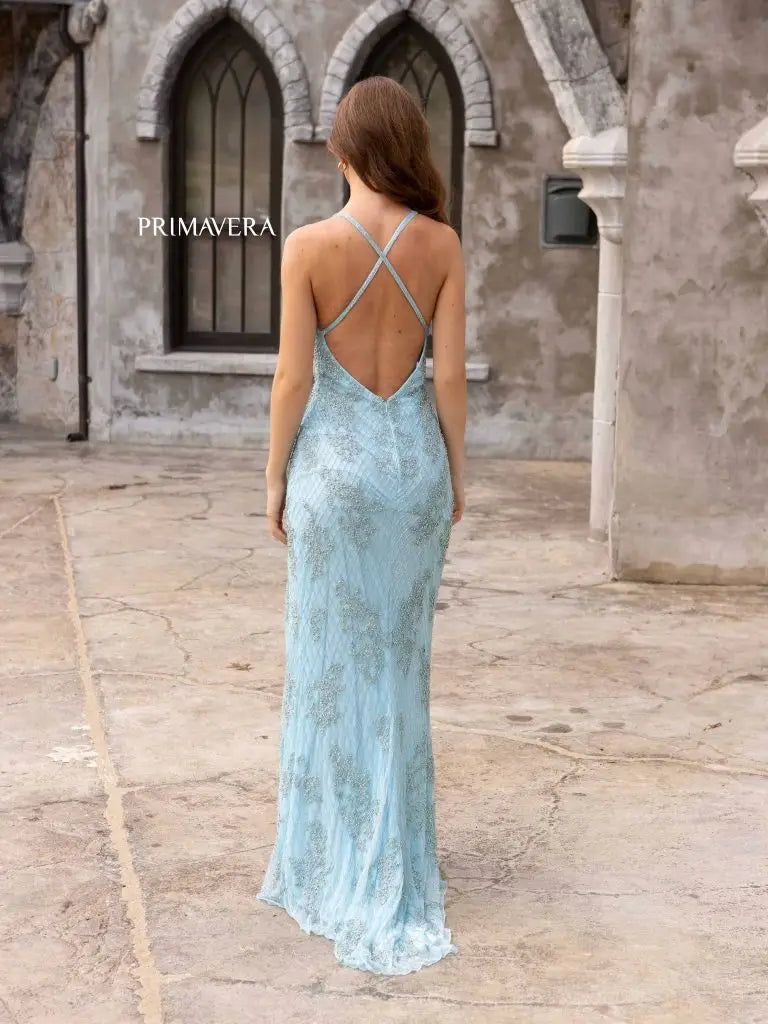 Primavera Couture 3907 Long Beaded Lace Backless Prom Dress V neck formal Evening Gown slit  Sizes: 000,00,0,2,4,6,8,10,12,14,16,18,20,22,24  Colors: Black, Ivory, Powder Blue, Royal Blue