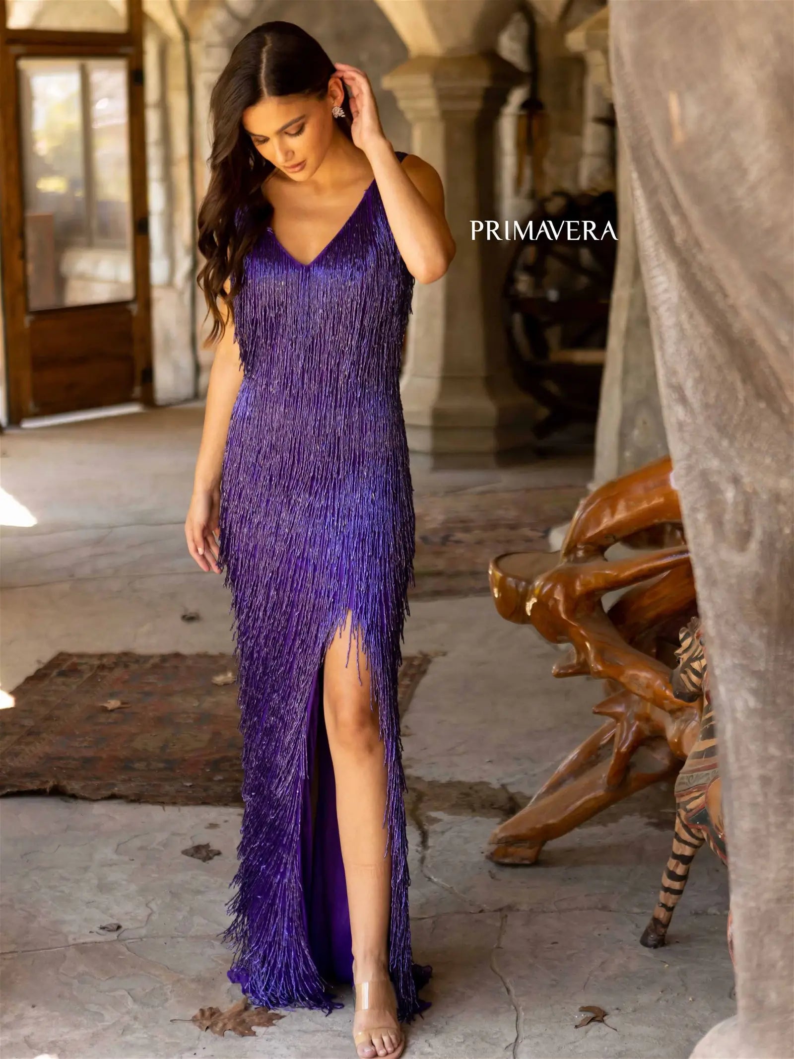 Primavera Couture 3919 Prom Dress Long Beaded Gown. This is a gorgeous dress with fringe. It also has an Ombre look at the bottom. 