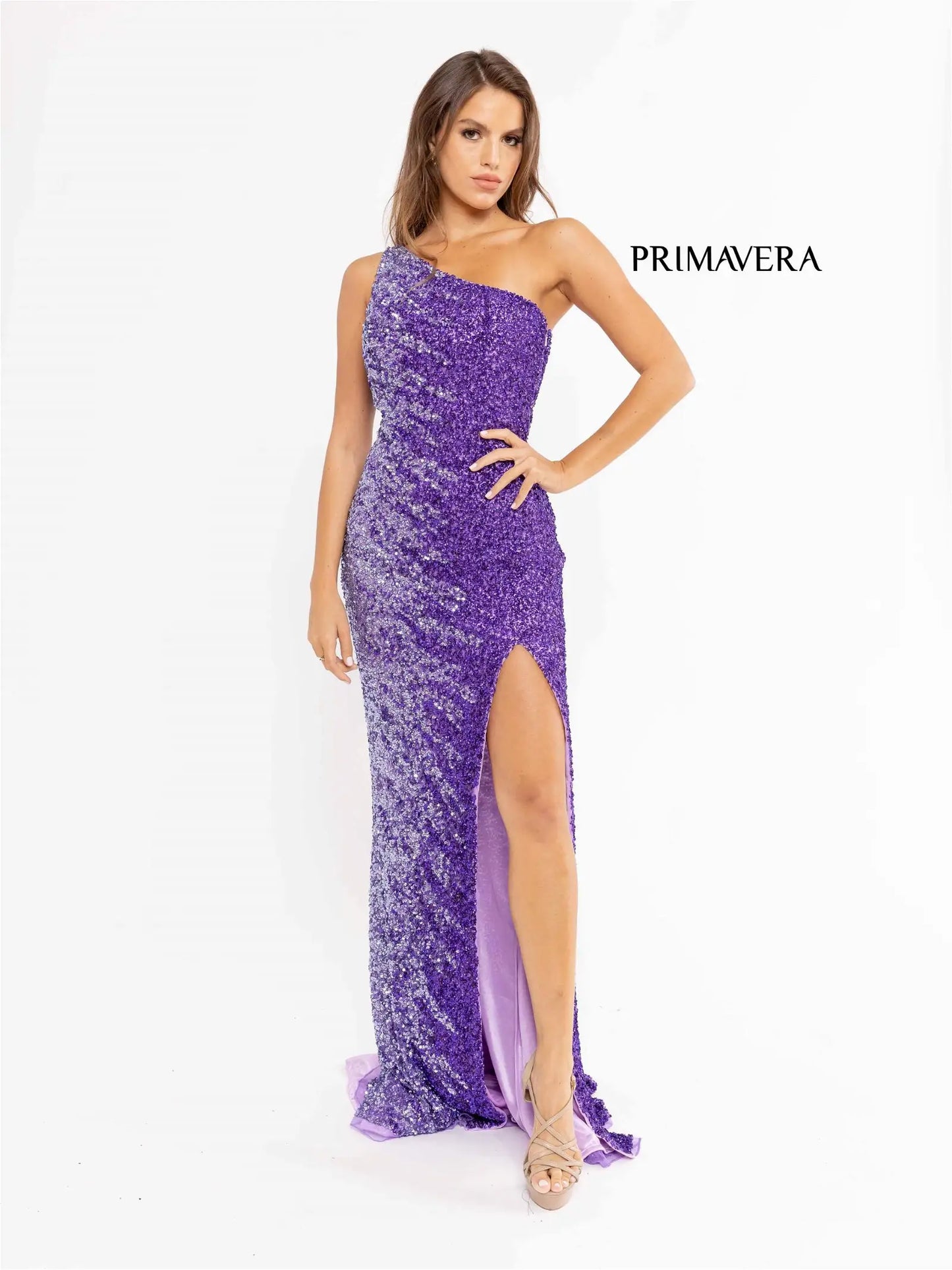 Primavera Couture 3944 Long One Shoulder Sequin Ombre Prom Dress Slit Pageant Gown  Sizes: 000,00,2,4,6,8,10,12,14,16,18,20,22,24  Colors:  LAVENDER, ROYAL BLUE, PINK, BLACK