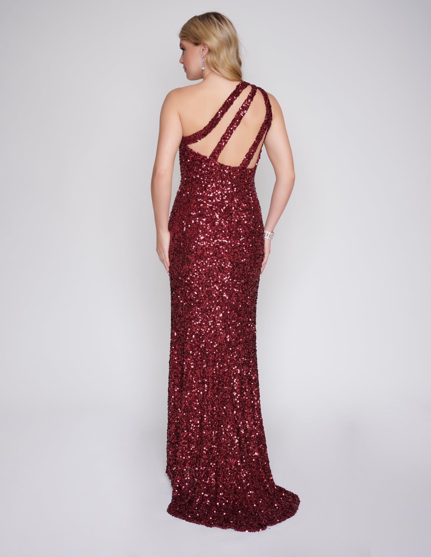 Nina Canacci 4308 One Shoulder Prom Dress Sequins Open Back with Straps Slit