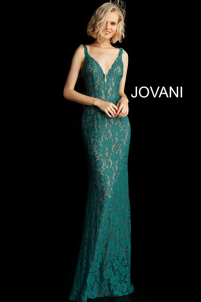 Jovani 48994 Stretch lace prom dress embellished with heat set stones, nude underlay, fitted silhouette, straps over shoulders, plunging v neckline with sheer mesh, sheer mesh inserts along the sides, sweeping train, low v back. Makes an excellent pageant gown or evening gown. 