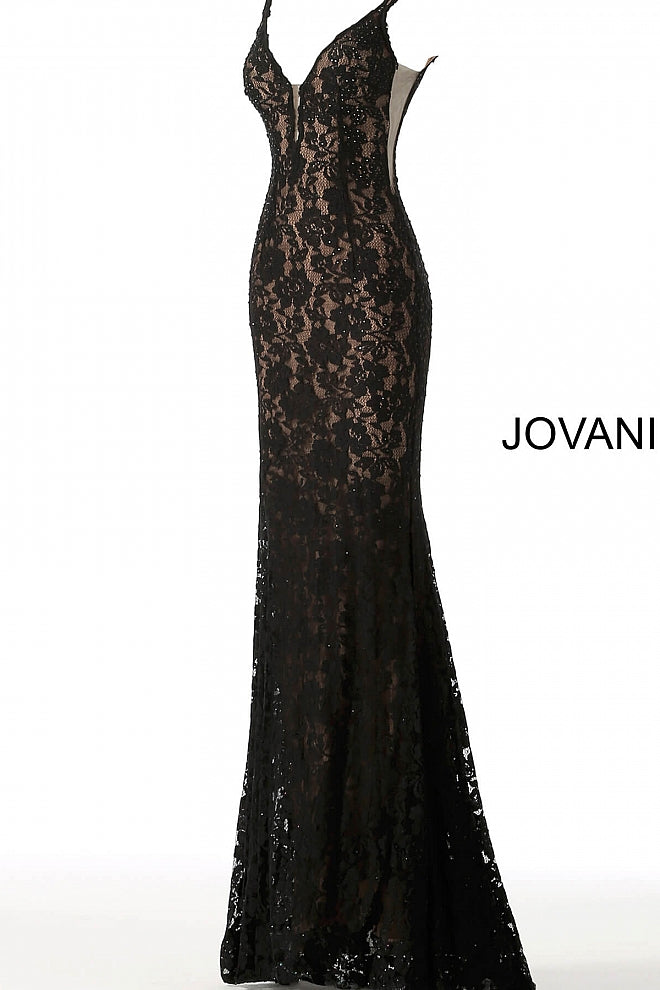 Jovani 48994 Prom Dress stretch lace embellished with heat set stones, fitted silhouette, evening gown, straps over shoulders, plunging v neckline with sheer mesh, and sheer mesh inserts along the sides, sweeping train low v back pageant gown. 