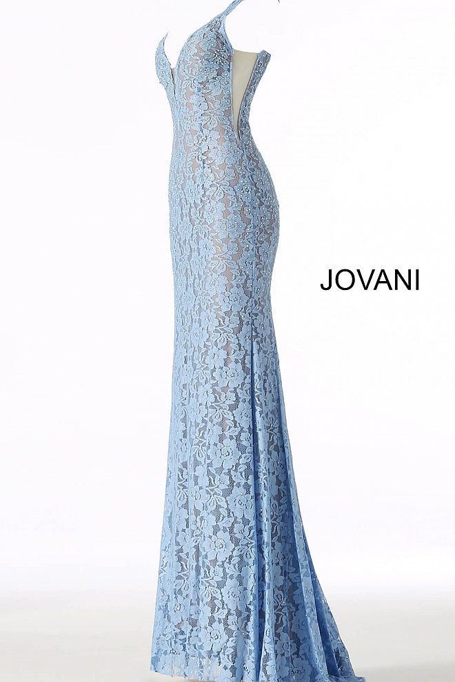 Jovani 48994 Stretch lace prom dress embellished with heat set stones, nude underlay, fitted silhouette, straps over shoulders, plunging v neckline with sheer mesh, sheer mesh inserts along the sides, sweeping train, low v back. Makes an excellent pageant gown or evening gown. 