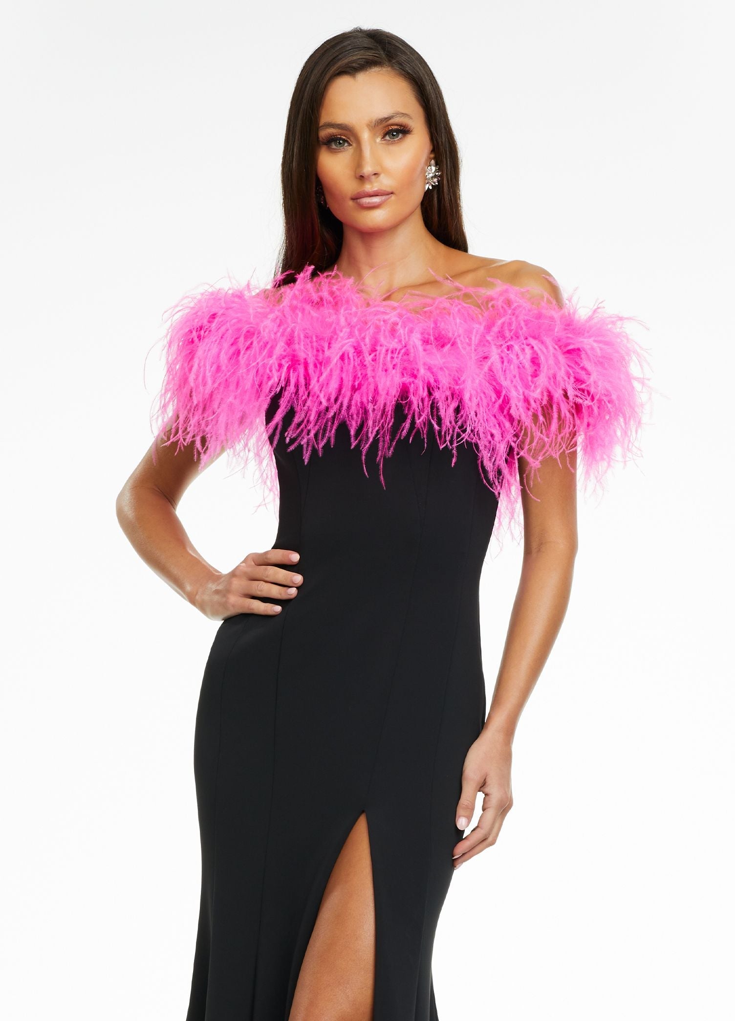 Ashley Lauren 11099 Feather Trimmed Prom Dress.  This elegant and fun prom dress is also excellent for pageants or other formal evening events.  It has an off the shoulder feather neckline that wraps all the way across your arms and to the back.  The long scuba skirt has a left leg slit and it has a train.  Colors:  Hot Pink, White, Turquoise, Hot Pink/Black  Sizes:   0, 2, 4, 6, 8, 10, 12, 14, 16