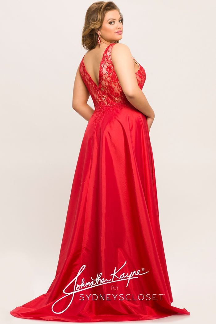 Johnathan Kayne for Sydneys Closet JK2016 Stingray halter neckline fitted lace plus size prom dress with flowy chiffon overskirt  Evening gown pageant gown