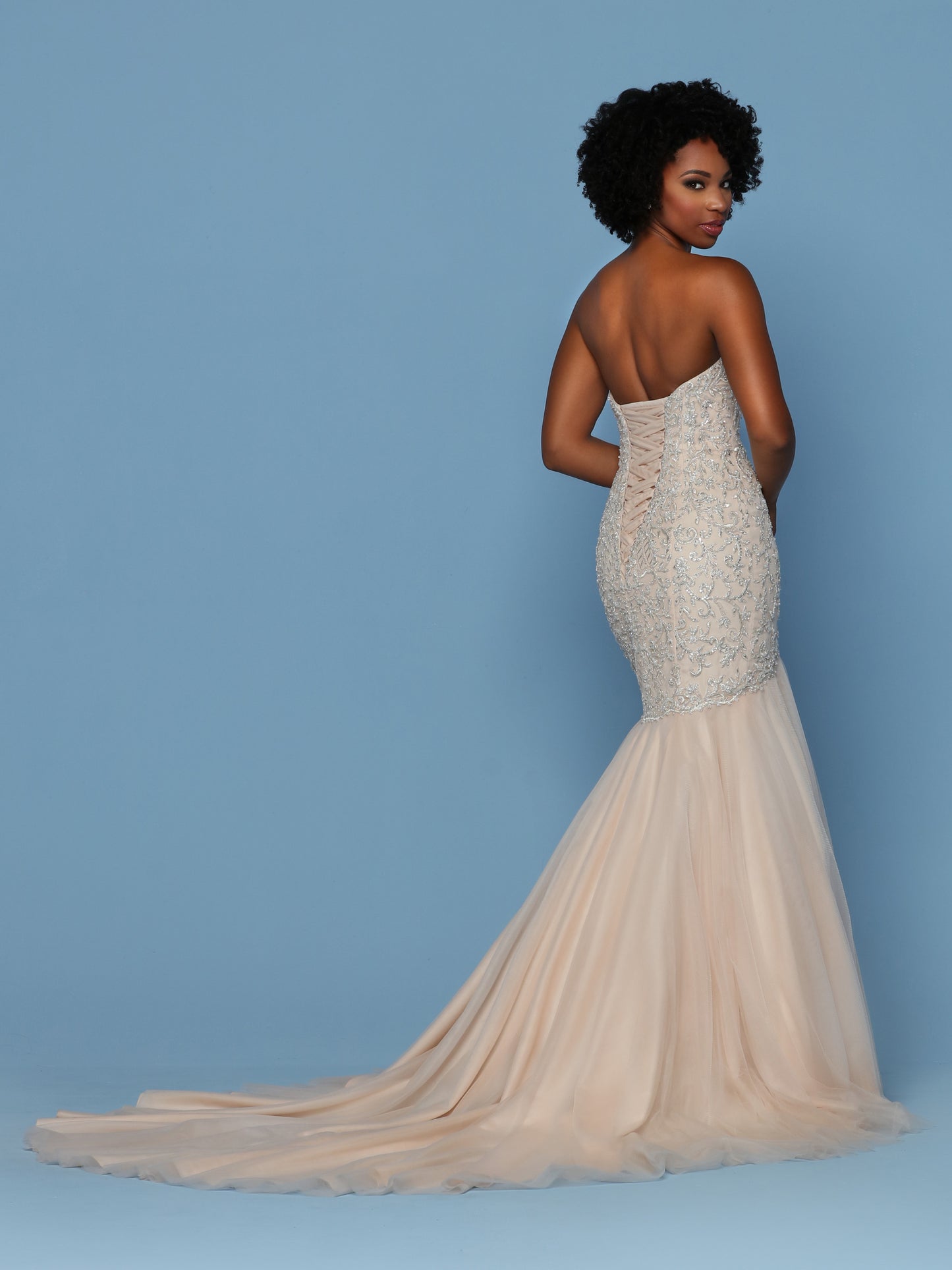 Davinci Bridal 50573 Two-Tone Beaded Embroidery & Tulle Mermaid Wedding Dress features a Fitted Beaded Bodice with Strapless Sweetheart Neckline, Open Back & Corset. Full Gathered Tulle Mermaid Skirt finishes with a Chapel Train.  Available for 1-2 Week Delivery!!!  Available Sizes: 2,4,6,8,10,12,14,16,18,20  Available Colors: Blush/Silver, Ivory/Silver  Fabric: Beaded Embroidery, Tulle  Neckline: Strapless, Sweetheart  Silhouette: Fit And Flare, Mermaid, Sheath  Details: Back Interest, Beading, Chapel Trai