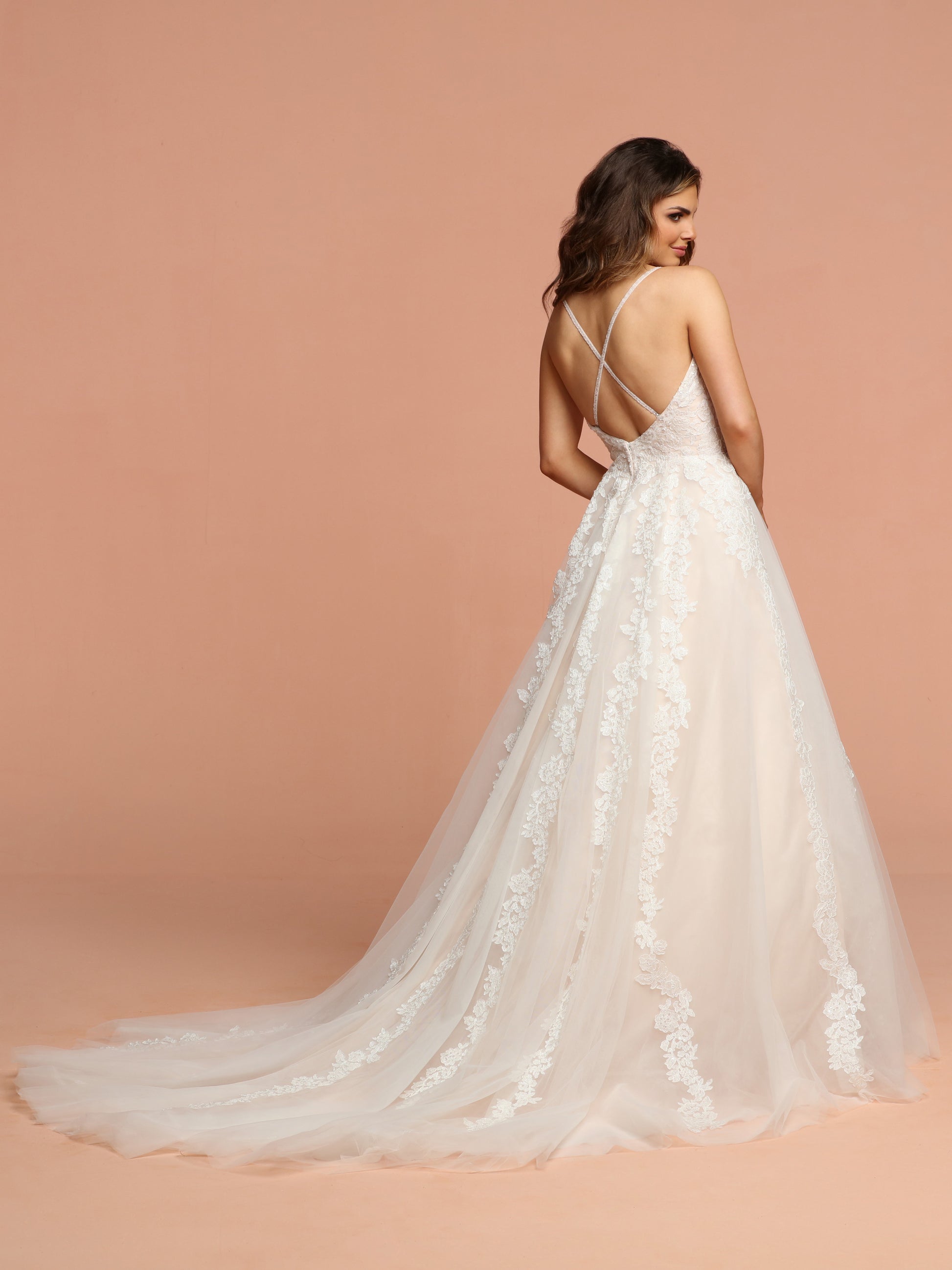 Davinci Bridal 50583 is a Full tulle Ballgown Wedding Dress with a train. Featuring a Strapless sweetheart lace bodice with lace cascading down into the skirt. Open Back with cross cross straps.  Available for 1-2 Week Delivery!!!  Available Sizes: 2,4,6,8,10,12,14,16,18,20  Available Colors: Ivory/Blush, Ivory/Ivory