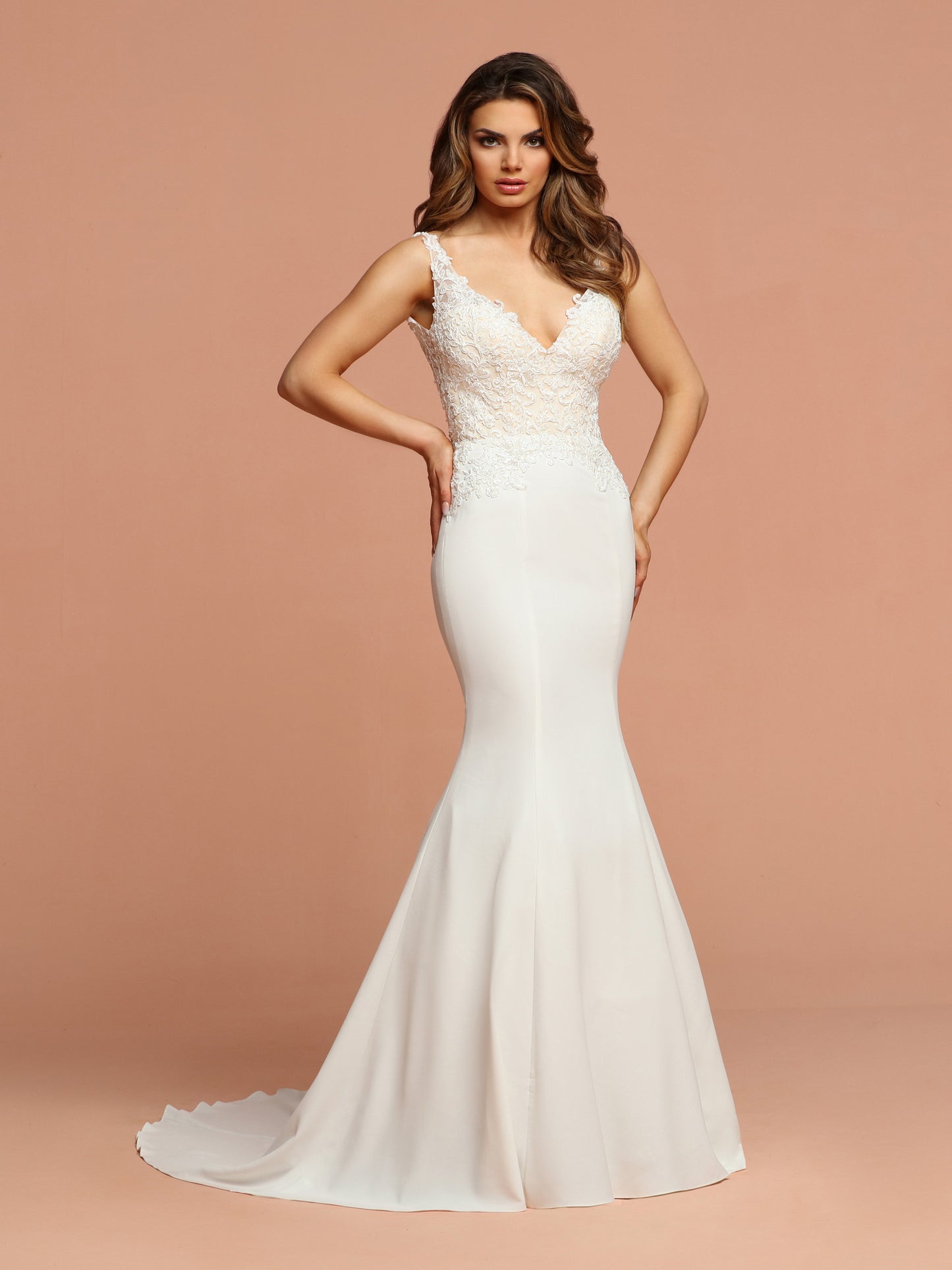 Davinci Bridal 50592 is a long Fitted Crepe & Lace Mermaid Wedding Dress. Featuring a Sheer tulle & Lace bodice with a V neck and open back. The Fit & Flare skirt is crepe with a full bottom and stunning train.   Available for 1-2 Week Delivery!!!  Available Sizes: 2,4,6,8,10,12,14,16,18,20  Available Colors: Ivory/Nude, Ivory/Ivory