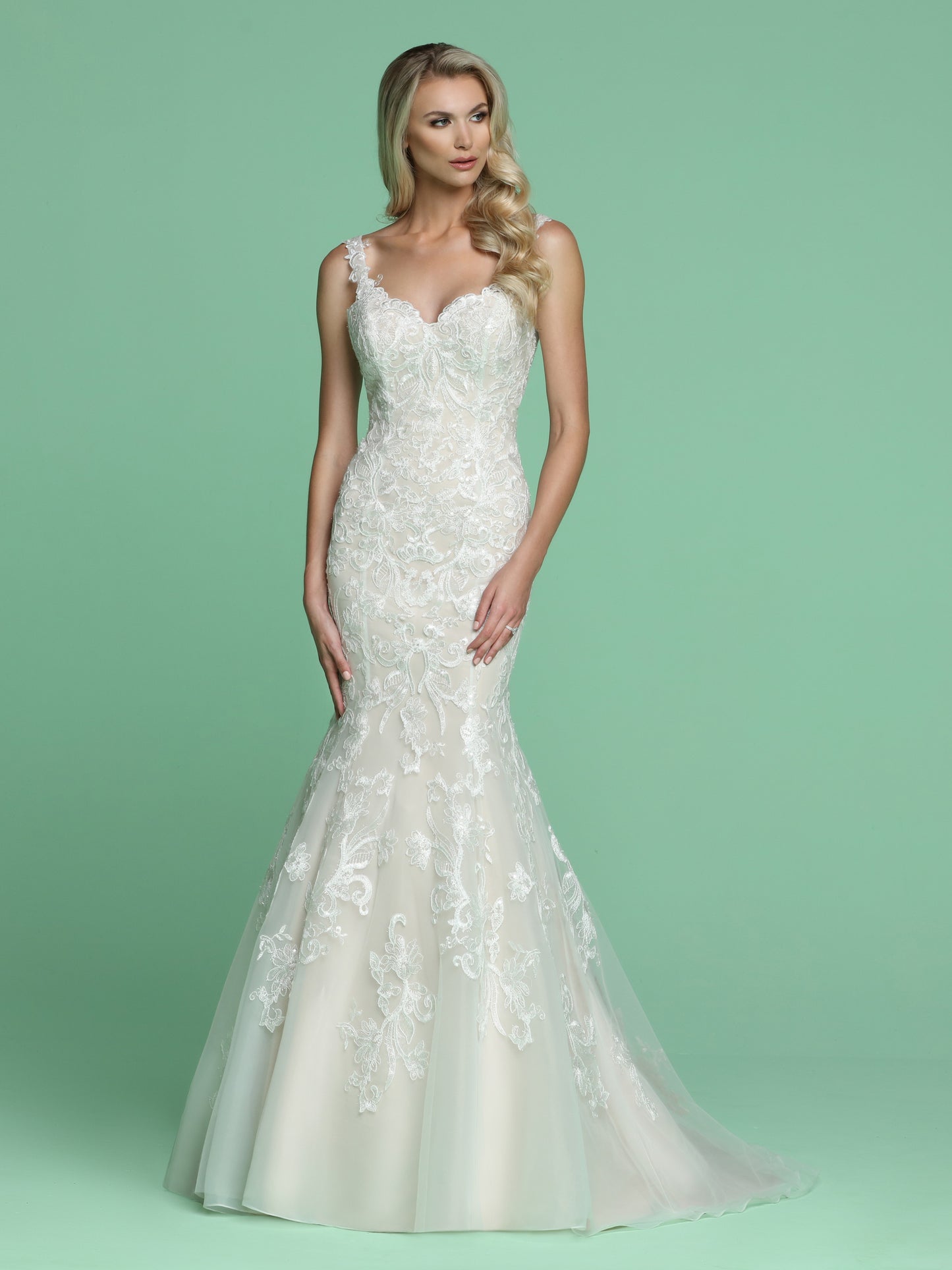 Davinci Bridal 50624 is a long Embroidered Lace Fit & Flare Mermaid Wedding Dress. Featuring an open V Back. Fitted Bodice with a trumpet skirt leading into a sweeping train,  Available for 1-2 Week Delivery!!!  Available Sizes: 2,4,6,8,10,12,14,16,18,20  Available Colors: Ivory/Ivory, Ivory/Nude