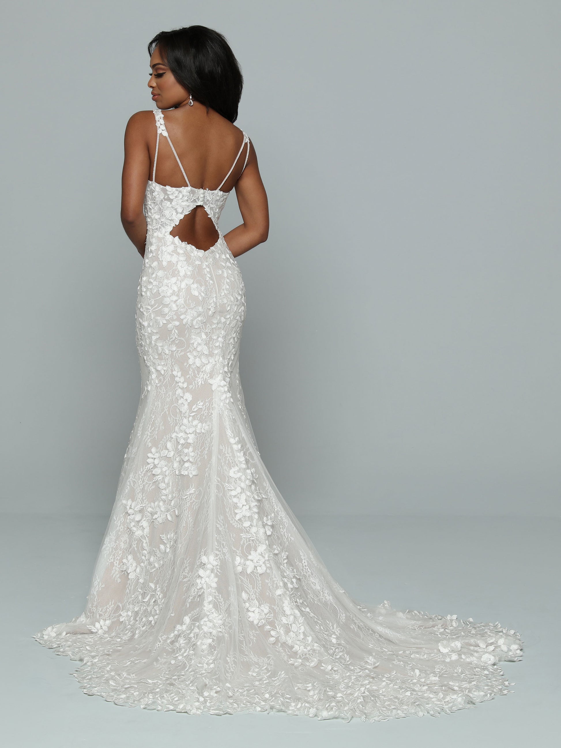 Davinci Bridal 50674 Long Fitted Lace Mermaid Wedding Dress Cut Out Back Bridal Gown Lace & Tulle Fit & Flare Sheath Wedding Dress features a Minimalist Silhouette with a Unique Strap Design. Double Spaghetti Straps Split at each Shoulder to create a One-of-a-Kind Triangle Design above a Low Back Keyhole. The Bodice with its Sweetheart Neckline has Allover Lace Applique that also Highlights the Skirt & Chapel Length Train.