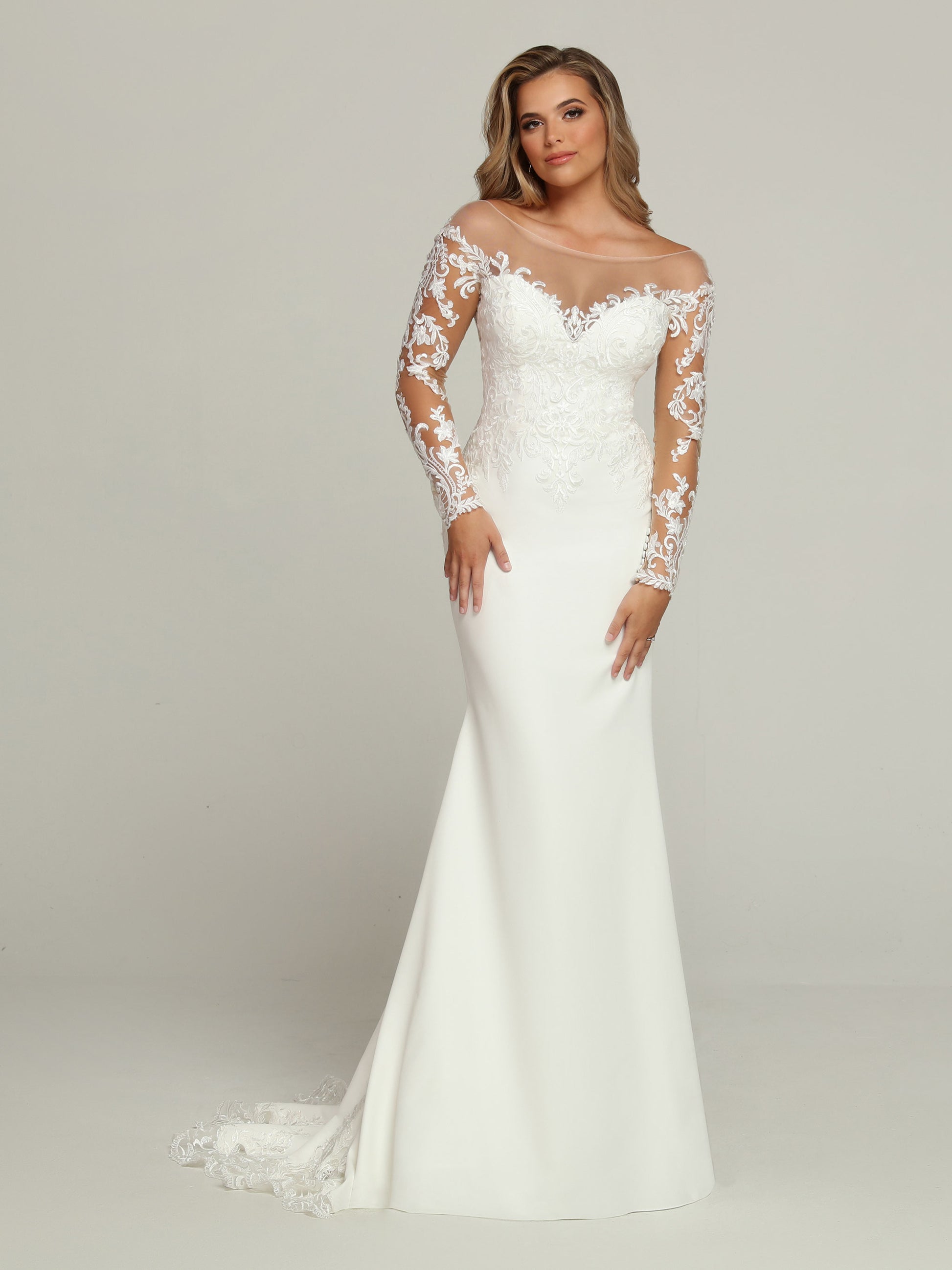 Davinci Bridal 50701 Long Sleeve Sheer Lace Wedding Dress Train off the Shoulder Bridal Gown This Stunning Soft Satin Sheath Fit & Flare Wedding Dress Wedding Dress features a Sheer Bateau Neckline above a Sweetheart Bodice. Lace Applique Accents the Full-Length Sheer Sleeves & Sheer Low V-Back. The Skirt finishes with a Sheer Lace Chapel Train.