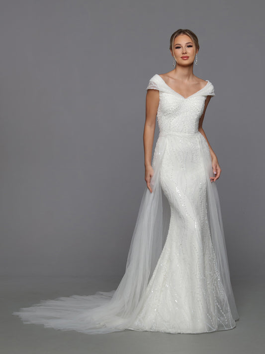 Davinci Bridal 50762 Long fitted Beaded Sequin Mermaid Bridal Gown with detachable  Overskirt off the Shoulder Cap sleeves and a corset lace up back.  Sizes: Ivory  Colors: 0-28