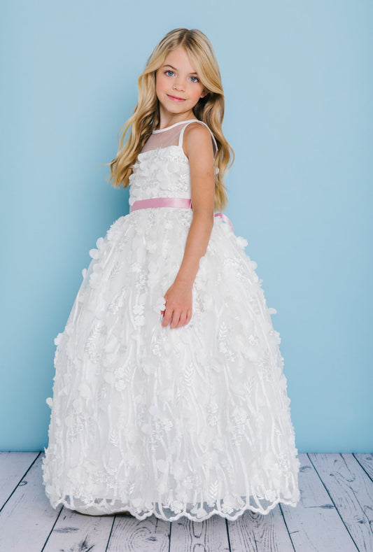 Rosebuds 5133 Size 8 Ivory/Plum Long Floral Applique Flower Girl Dress Lace Ballgown Formal