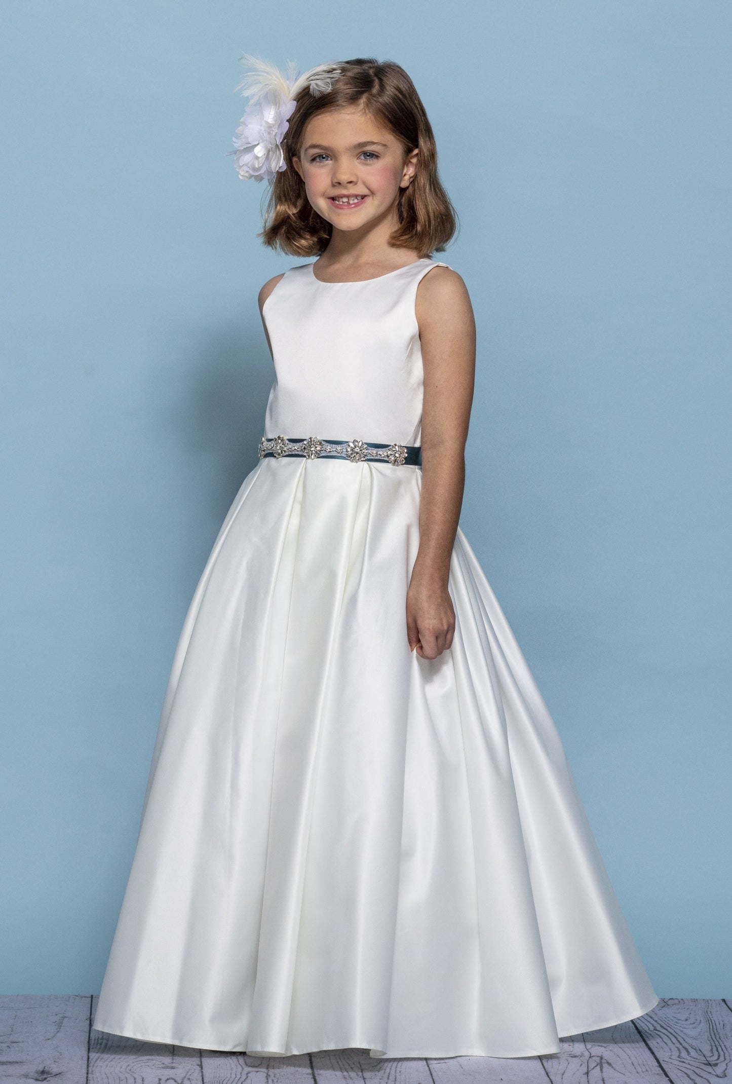 Rosebuds 5139 Size 4 Ivory Long Pleated Satin Flower Girl Dress Bling Belt First Communion