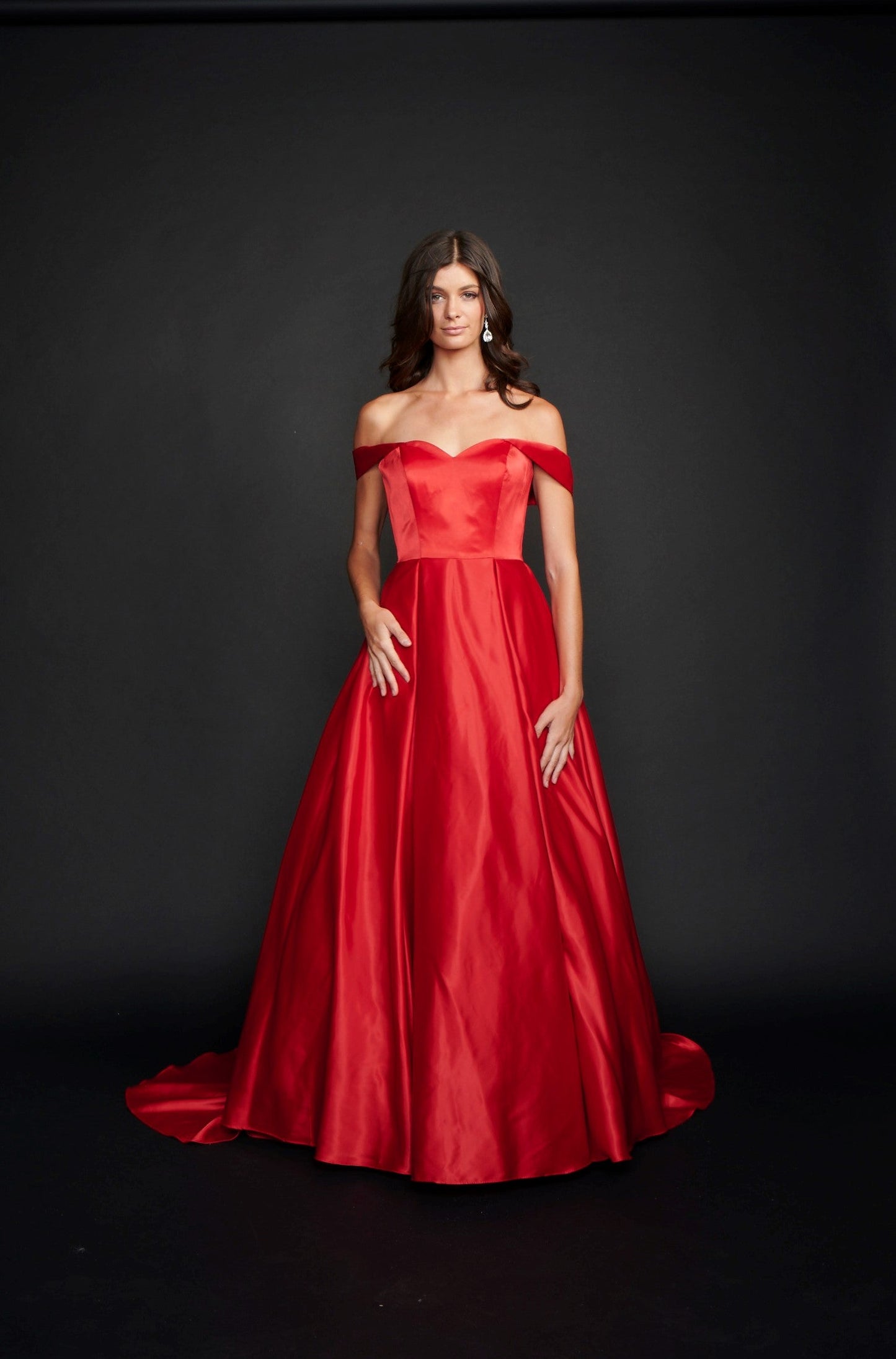 Nina Canacci 5214 Long Satin off the shoulder Ballgown Prom Dress Pageant Gown Pockets  Available Size- 4-24  Available Color-Red, Emerald 