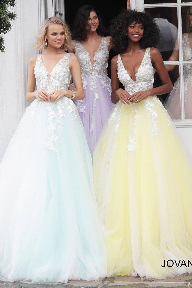 Jovani 55634 floral appliques v neckline prom dress ballgown.  Tulle ballgown, floor length, floral appliques, sheer sleeveless bodice, bra cups, v neckline and back.  Available Colors: champagne, navy/black, off white/blush, off white/light blue, off white/off white, off white/yellow, off white/ lilac, red, teal, black/black,   Available Sizes: 00 - 24