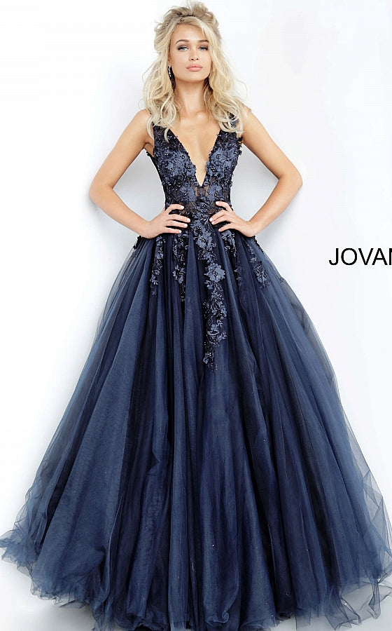 Jovani 55634 floral appliques v neckline prom dress ballgown.  Tulle ballgown, floor length, floral appliques, sheer sleeveless bodice, bra cups, v neckline and back.  Available Colors: champagne, navy/black, off white/blush, off white/light blue, off white/off white, off white/yellow, off white/ lilac, red, teal, black/black,   Available Sizes: 00 - 24