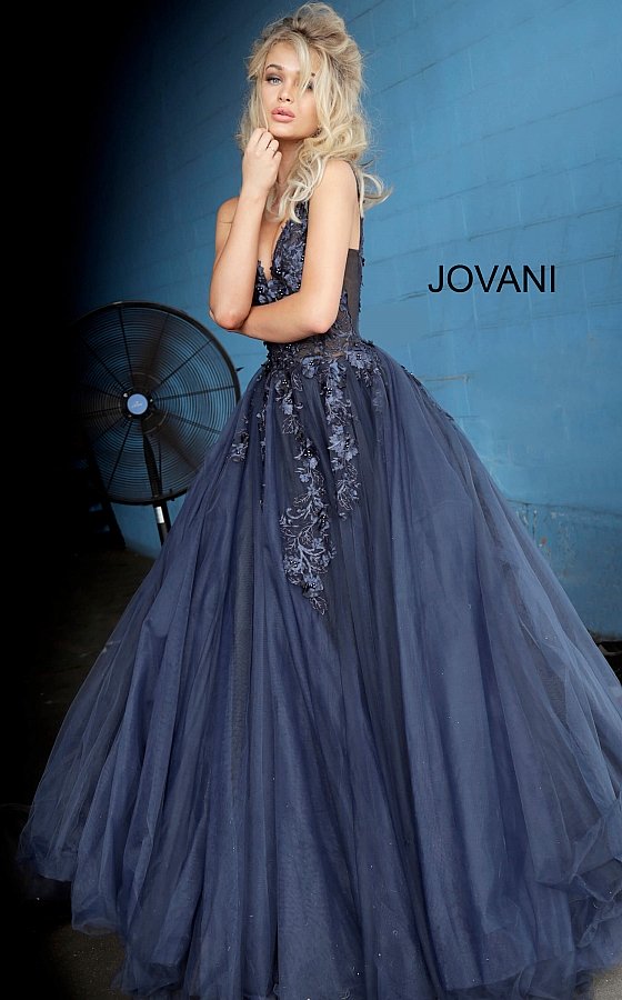 Jovani 55634 v neckline lace floral applique and tulle prom dress ball gown. Tulle ballgown, floor length, floral appliques, sheer sleeveless bodice, bra cups, v neckline and back. Available Colors: black/black, fuchsia, champagne, navy/black, off white/blush, off white/light blue, off white/off white, off white/yellow, off white/ lilac, red, teal  Available Sizes: 00 - 24