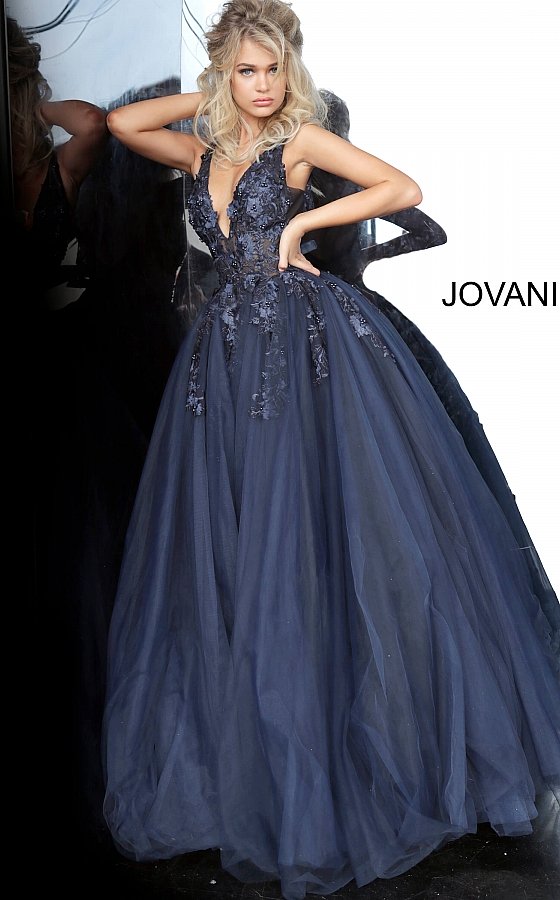 Jovani 55634 floral appliques v neckline prom dress ballgown.  Tulle ballgown, floor length, floral appliques, sheer sleeveless bodice, bra cups, v neckline and back.  Available Colors: champagne, navy/black, off white/blush, off white/light blue, off white/off white, off white/yellow, off white/ lilac, red, teal, black/black,   Available Sizes: 00 - 24