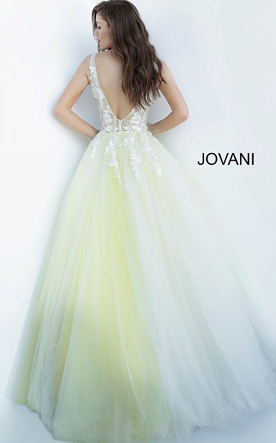 Jovani 55634 floral appliques v neckline prom dress ballgown Tulle ballgown, floor length, floral appliques, sheer sleeveless bodice, bra cups, v neckline and back.  Available Colors: black, champagne, navy/black, off white/blush, off white/light blue, off white/off white, off white/yellow, off white/ lilac, red, teal  Available Sizes: 00 - 24