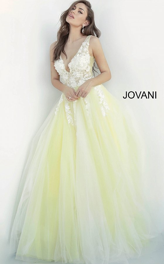 Jovani 55634 floral appliques v neckline prom dress ballgown.  Tulle ballgown, floor length, floral appliques, sheer sleeveless bodice, bra cups, v neckline and back.  Available Colors: champagne, navy/black, off white/blush, off white/light blue, off white/off white, off white/yellow, off white/ lilac, red, teal, black/black,   Available Sizes: 00 - 24