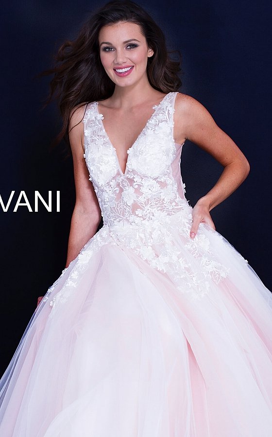 Jovani 55634 v neckline lace floral applique and tulle prom dress ball gown. Tulle ballgown, floor length, floral appliques, sheer sleeveless bodice, bra cups, v neckline and back. Available Colors: black/black, fuchsia, champagne, navy/black, off white/blush, off white/light blue, off white/off white, off white/yellow, off white/ lilac, red, teal  Available Sizes: 00 - 24