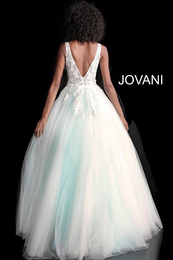 Jovani 55634 floral appliques v neckline prom dress ballgown.  Tulle ballgown, floor length, floral appliques, sheer sleeveless bodice, bra cups, v neckline and back.  Available Colors: champagne, navy/black, off white/blush, off white/light blue, off white/off white, off white/yellow, off white/ lilac, red, teal, black/black,   Available Sizes: 00 - 24