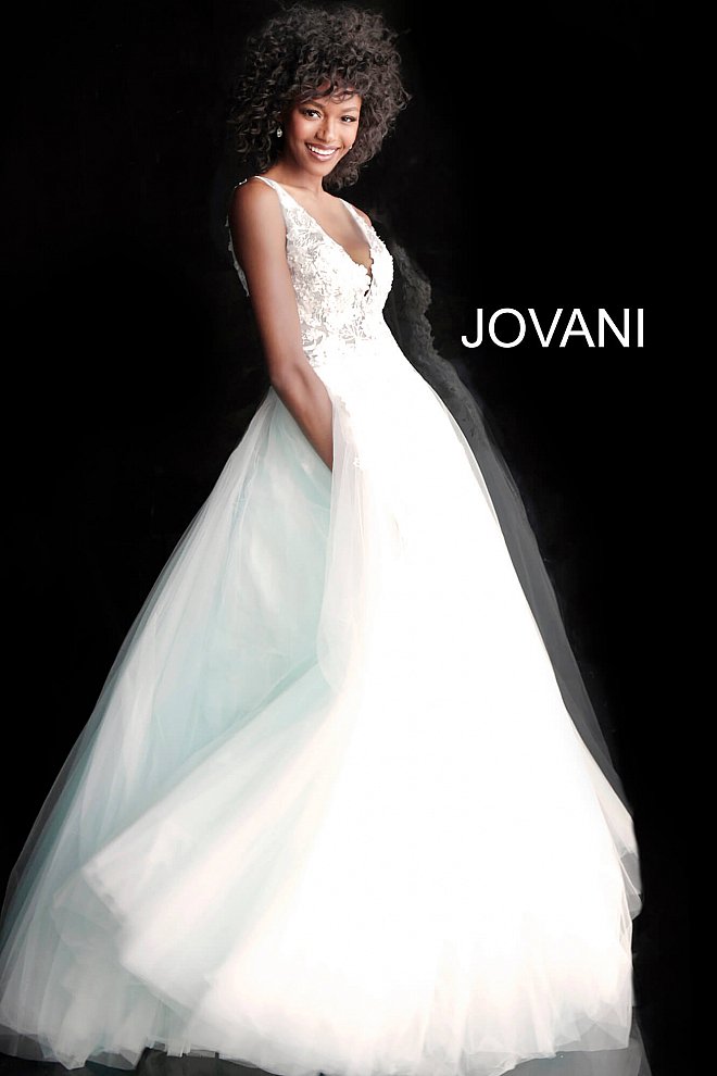 Jovani 55634 floral appliques v neckline prom dress ballgown.  Tulle ballgown, floor length, floral appliques, sheer sleeveless bodice, bra cups, v neckline and back.  Available Colors: champagne, navy/black, off white/blush, off white/light blue, off white/off white, off white/yellow, off white/ lilac, red, teal, black/black,   Available Sizes: 00 - 24