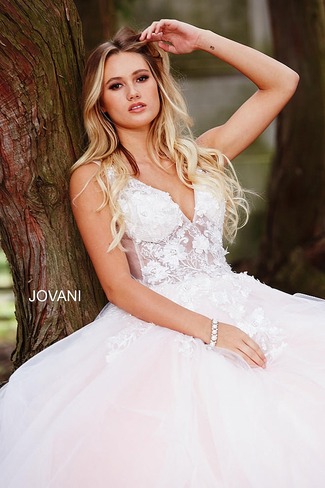 Jovani 55634 floral appliques v neckline prom dress ballgown.  Tulle ballgown, floor length, floral appliques, sheer sleeveless bodice, bra cups, v neckline and back.  Available Colors: champagne, navy/black, off white/blush, off white/light blue, off white/off white, off white/yellow, off white/ lilac, red, teal, black/black,   Available Sizes: 00 - 24