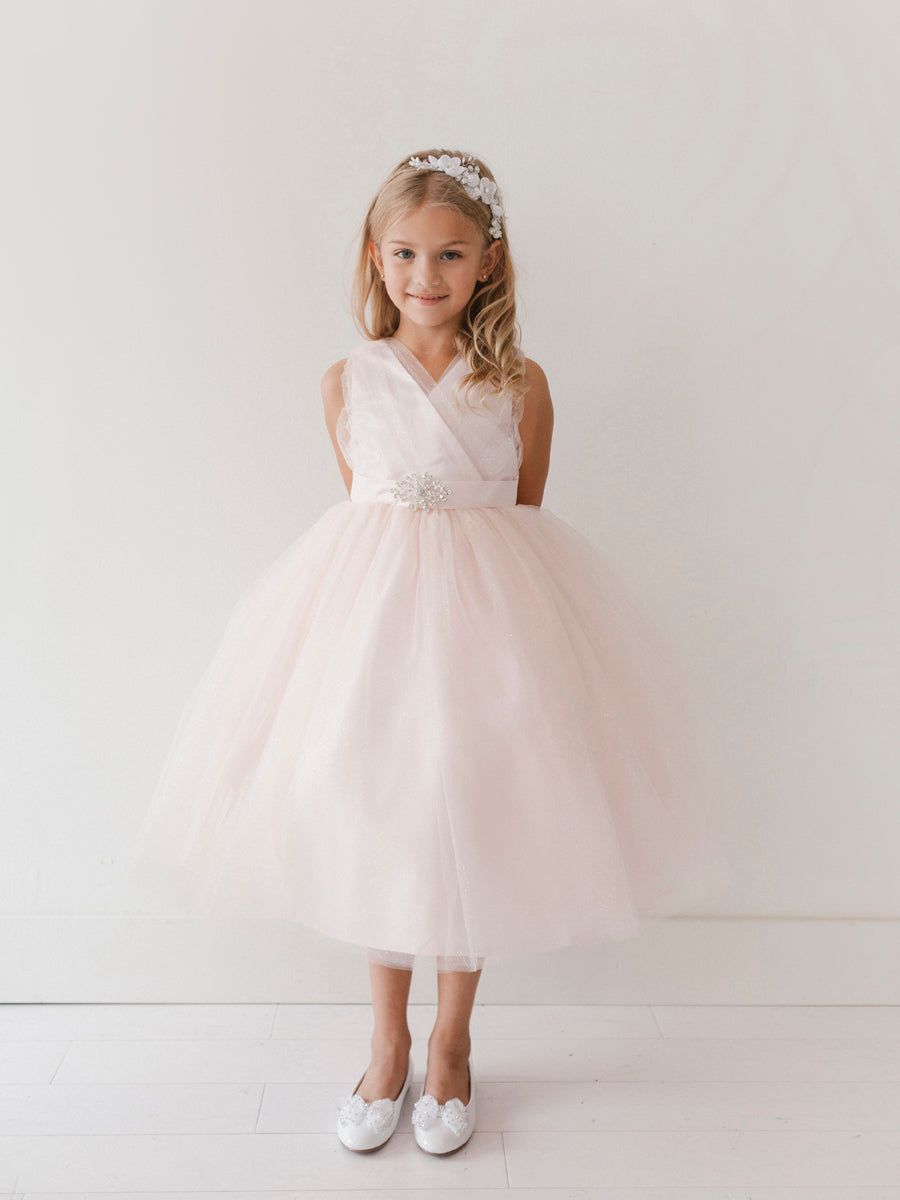 Tip Top 5698 Size 4 Blush Glitter V neck Flower Girl Dress Broach Tea length Tulle