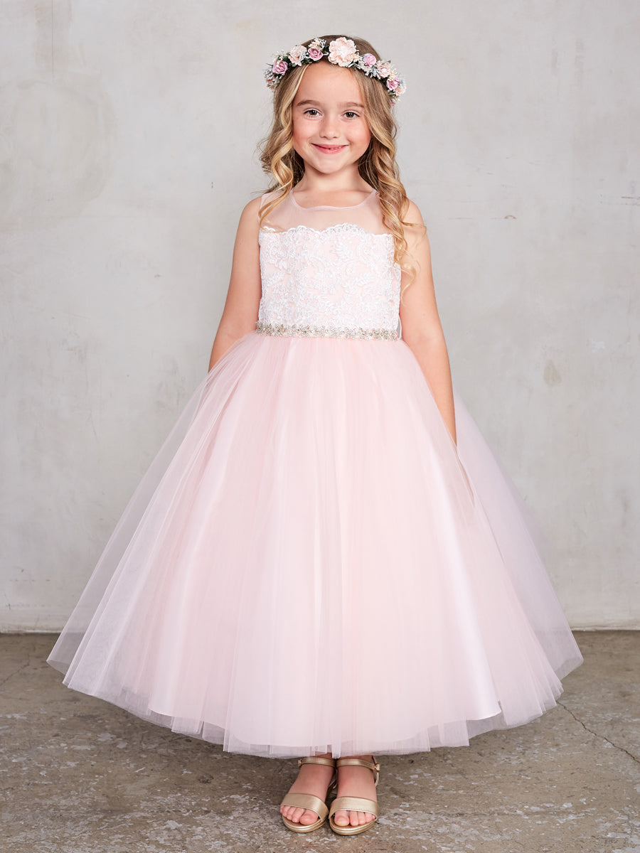 5805 Size 4 Blush Girls Tea Length Lace Flower Girl Dress Tulle Skirt Sheer Neckline