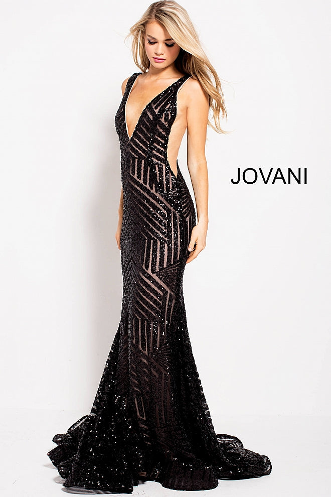 Long Jovani 59762 Prom Dress, Featuring a plunging neckline & A Fully sequined Fitted Mermaid Bodice. This Open V Back Pageant Gown & prom dress is perfect for the stage is has a lush trumpet sequin embellished skirt and sweeping train. 