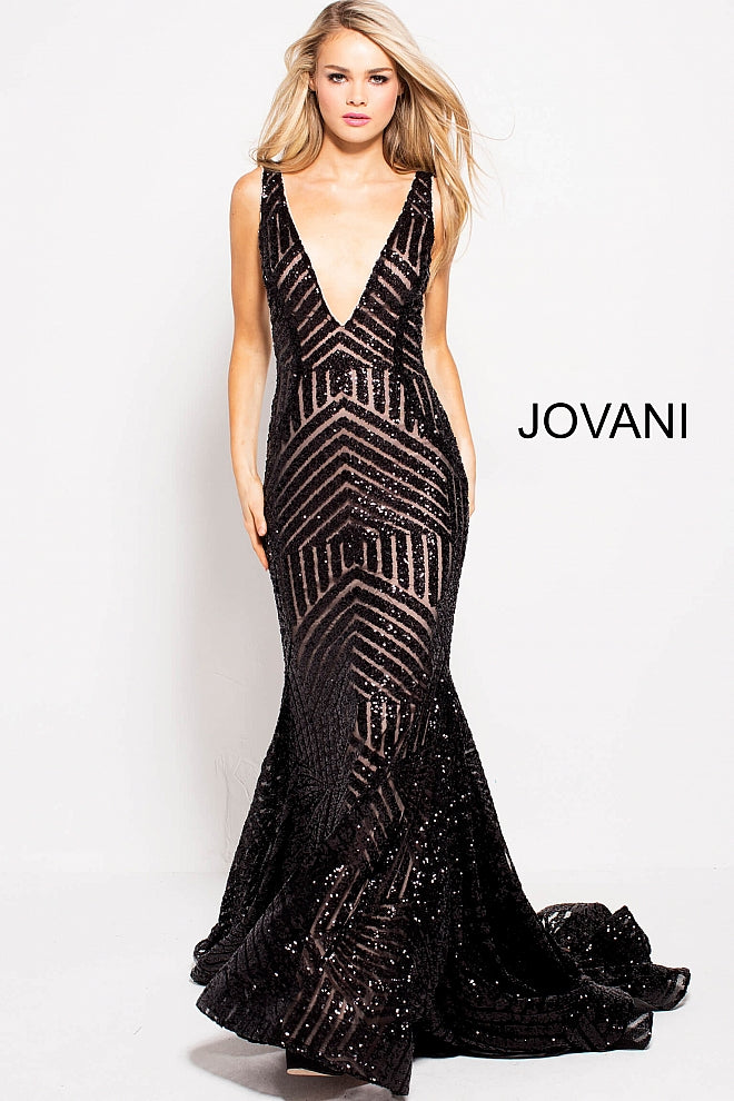 Long Jovani 59762 Prom Dress, Featuring a plunging neckline & A Fully sequined Fitted Mermaid Bodice. This Open V Back Pageant Gown & prom dress is perfect for the stage is has a lush trumpet sequin embellished skirt and sweeping train. 