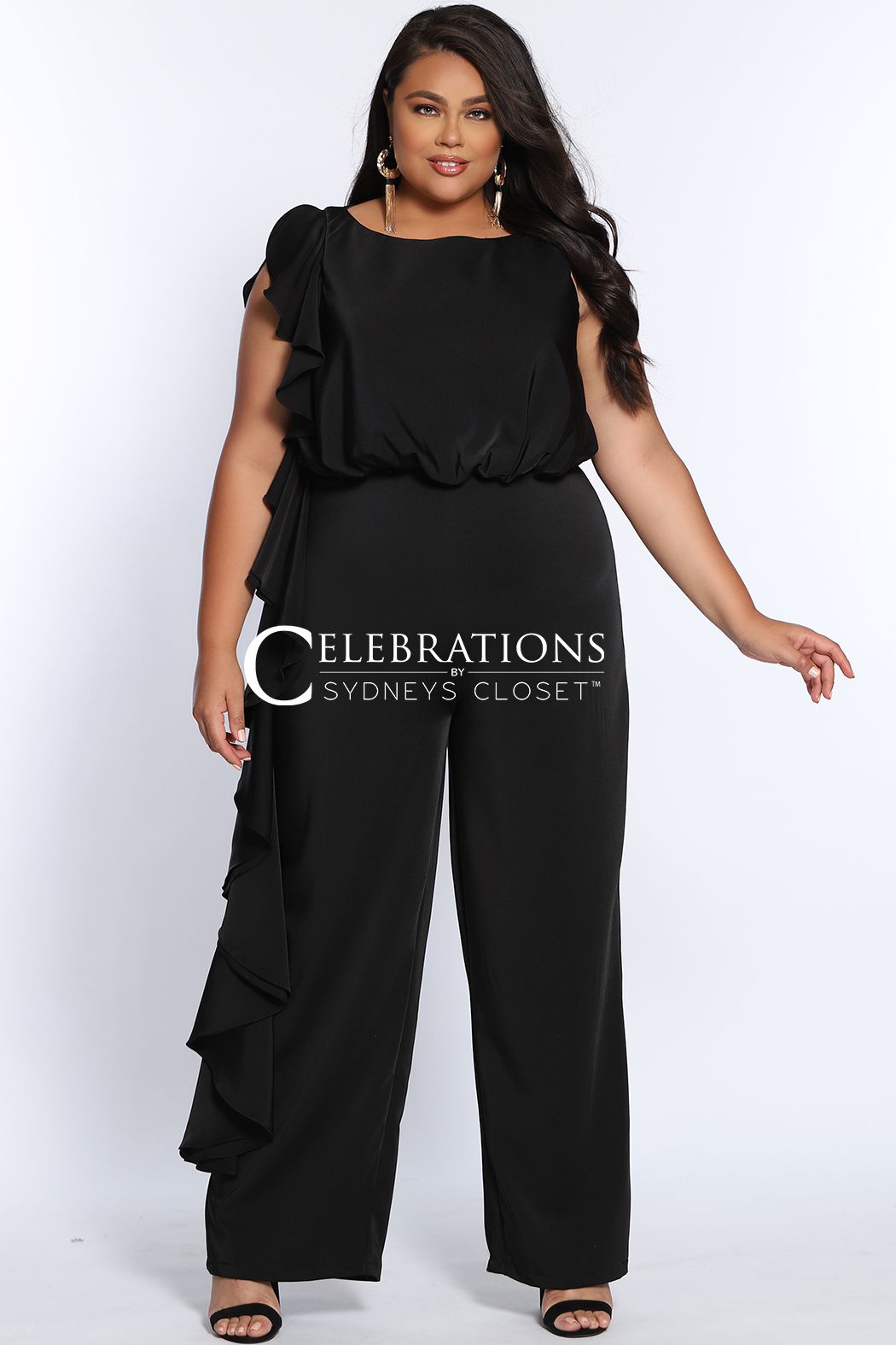 Sydney's Closet CE2014  Trendy plus size formal jumpsuit looks elegant at any special occasion whether you're a guest at a wedding, spending a night on the town or having brunch with family and friends. One-piece silhouette in rich French crepe fabric makes dressing up effortless. 