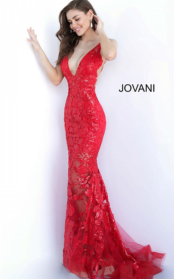 Jovani 60283 Plunging Neckline Prom Dress 60283 Evening Gown Sheer mesh, sequin flower appliques, form fitting silhouette, floor length, sleeveless bodice, plunging V neck, V back, sheer mesh inserts on the sides. Long sheer embroidered and sequined deep v-neck sleeveless formal gown with an open v-back by Jovani. sheer bodice & Top as well as skirt. Backless Dress Open Back Red Carpet Dress 